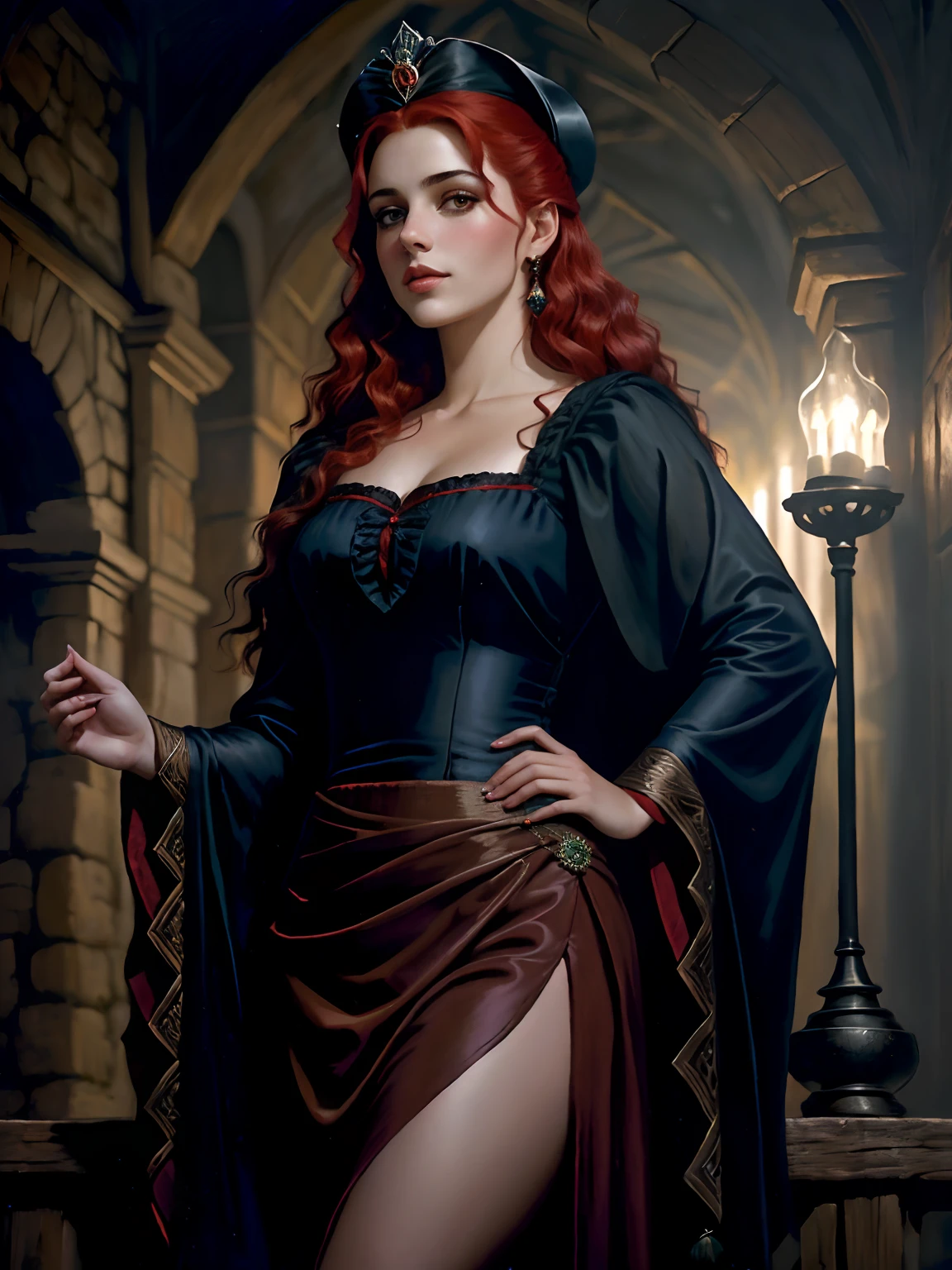 pintura de uma mulher com cabelo vermelho e um estrangulamento em um vestido preto, Estilo de arte de John Collier, Donzela com cabelo de cobre, estilo de Karol Bak, uma jovem ruiva, Retrato de uma jovem bruxa, No Bowater Art Style, Dirigido por: Roberto Lenkiewicz, Geraldo Brom, Alberto Lynch, retrato da princesa Mérida, Dave Sim, Menina de cabelos vermelhos em um palácio sombrio, vestido preto e purpura de veludo usando um kokoshnic, vestido luxuoso preto, adorno de cabeça, Gargantilha de renda, vestido elegante e nobre, sexy usando um kokoshnik russo em sua cabeça, Rosto redondo, poderia, olhar malicioso, princesa maldosa, jovem adulta sexy, corpo voluptuoso, sexy, corpo sensual, mulher com seios bonitos, e corpo torneado tocando uma balalaika russa, tocando um banjo, Perto de: Alaude