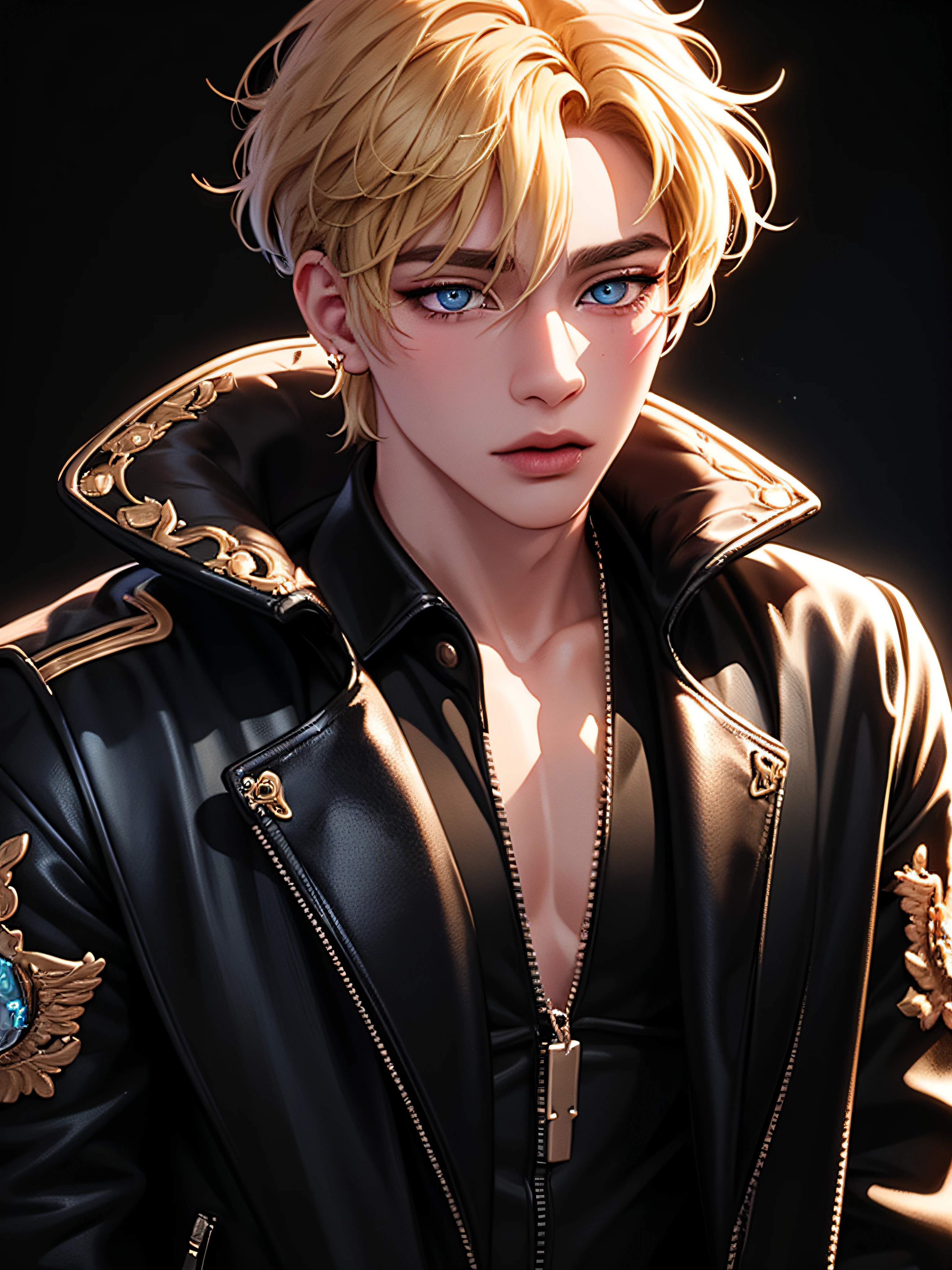 Male idol ((singer)), blondes Haar, Tragen Sie eine zerfetzte Cropped-Jacke im Gothic-Stil, Lederhose mit Hologramm, blaue Augen, 1 Junge, Mikrofon, digitale Illustration, der Perfektion nahe, dynamisch, Hochdetaillierte Texturen, 8k Auflösung, Aquarellmalerei, artstation, Konzeptkunst, Glatt, Kunst von Wlop und Ross Tran, Bühnenbeleuchtung Hintergrund, Rote und goldene tetradische Farben