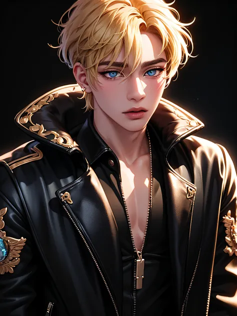 Male idol ((singer)), blonde hair, wearing a gothic style tattered cropped jacket, leather holographic pants, blue eyes, 1boy, m...