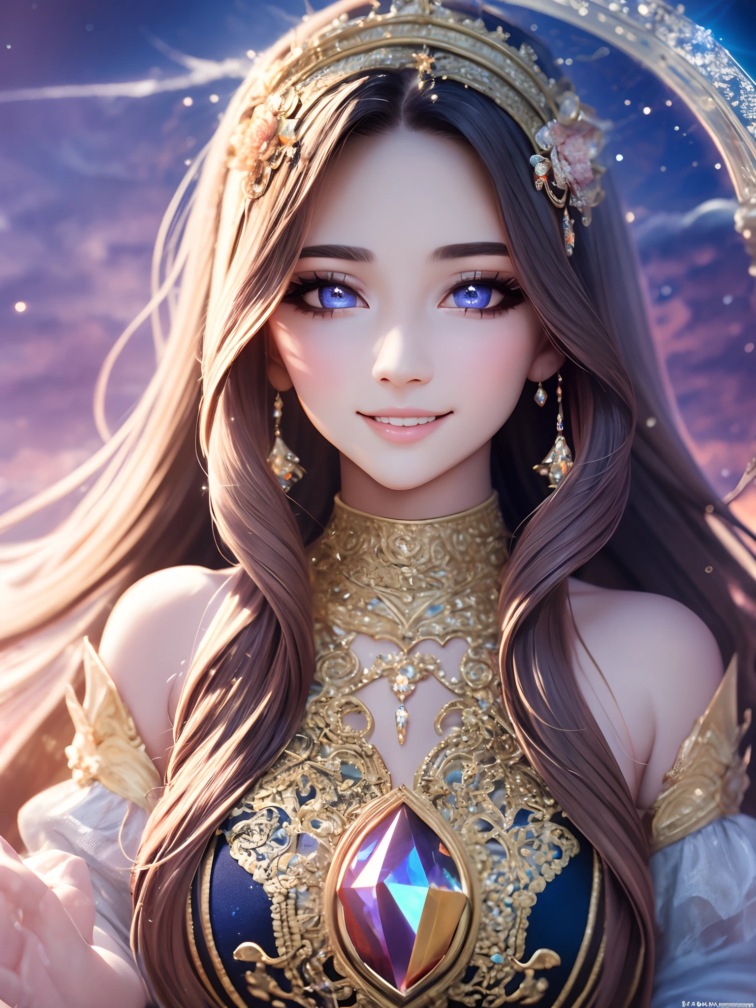 ((best quality)), 1girl, beautiful young maiden age 18, ((intricate detail)), beautiful stunning face, beautiful sparkling clear violet eyes, insanely long wavy brunette hair, serene smile, iridescent flowing gown, perfect figure, perfect hands, celestial plane, crystal blue sky, atmospheric lighting, ultra rich color, masterpiece, 8k, 3d, --auto --s2