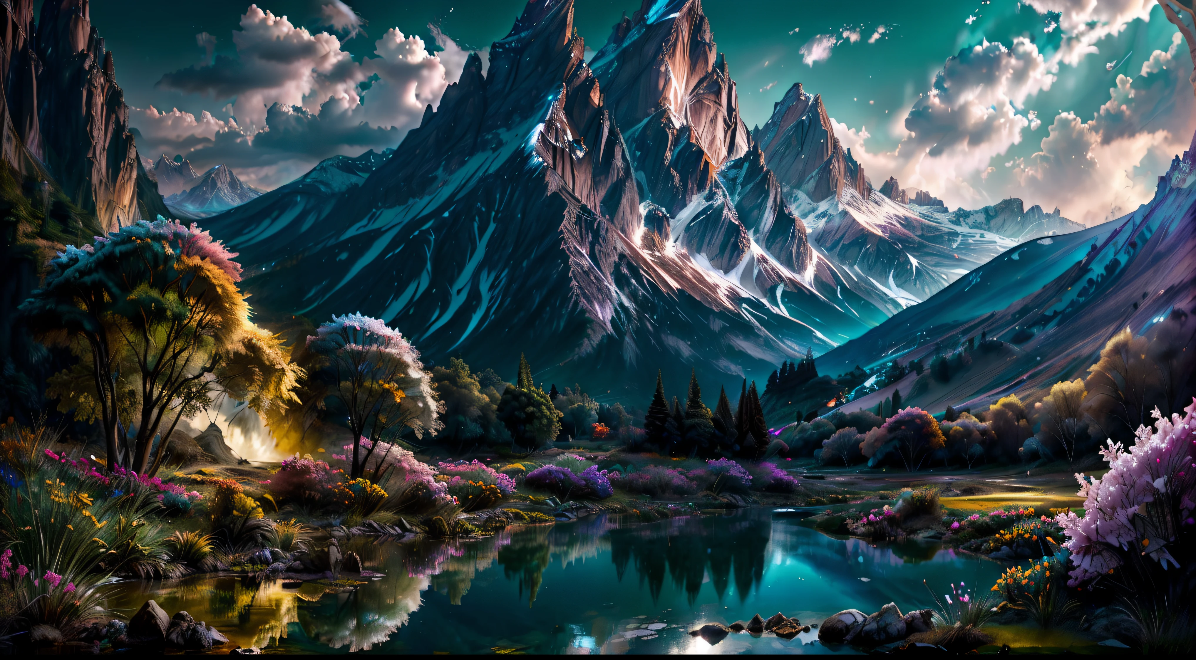 photo image, a mountainous landscape , un lago , Beautiful and Aesthetic, hora dorada rosa suave, crepusculo,, flores al aire libre, nature and floral aesthetics, beautiful images, Fantastic aesthetics, Arte de Alberto Severo, salpicaduras y gotas congeladas multicolores, dream, Pintura digital surrealista , brillos tornasolados, efectos 3D, Ultra HD(obra maestra: 1.6, mejor calidad), (ojos hermosos y detallados finos: 1.2), (fondo de pantalla CG unidad 8k extremadamente detallado, obra maestra, Super detailed, mejores sombras), (fondo detallado), alto contraste, (better lighting, extremadamente delicada y hermosa), ((salpicadura de pintura de color sobre fondo transparente, Dulux,)), ((Caustic) ), angles dynamic, hermoso brillo de detalle,