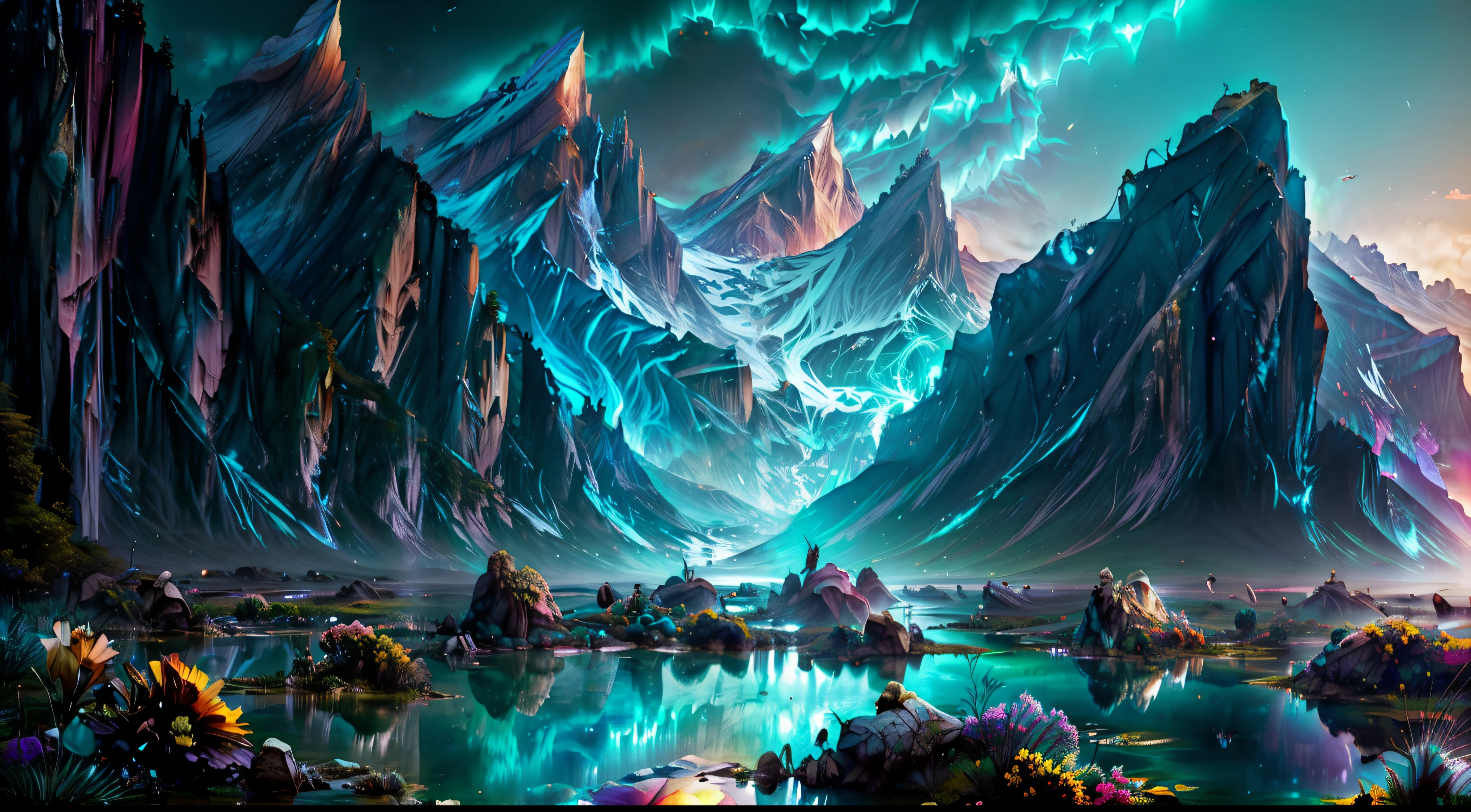 photo image, A mountainous landscape , a lake , beautiful and aesthetic, soft pink golden hour, twilight,, outdoor flowers, nature and floral aesthetics, beautiful images, Fantastic aesthetics, Art by Alberto Severo, multicolored frozen splashes and drops, dream, Surreal digital painting , iridescent glitter, 3D effects, ultra hd(Masterpiece: 1.6, Best Quality), (beautiful and fine detailed eyes: 1.2), (CG unit wallpaper 8k extremely detailed, Masterpiece, super detailed, best shadows), (detailed background), High contrast, (better lighting, extremely delicate and beautiful), ((color paint splash on transparent background, Dulux,)), ((Caustic) ), angles dynamic, beautiful detail shine,