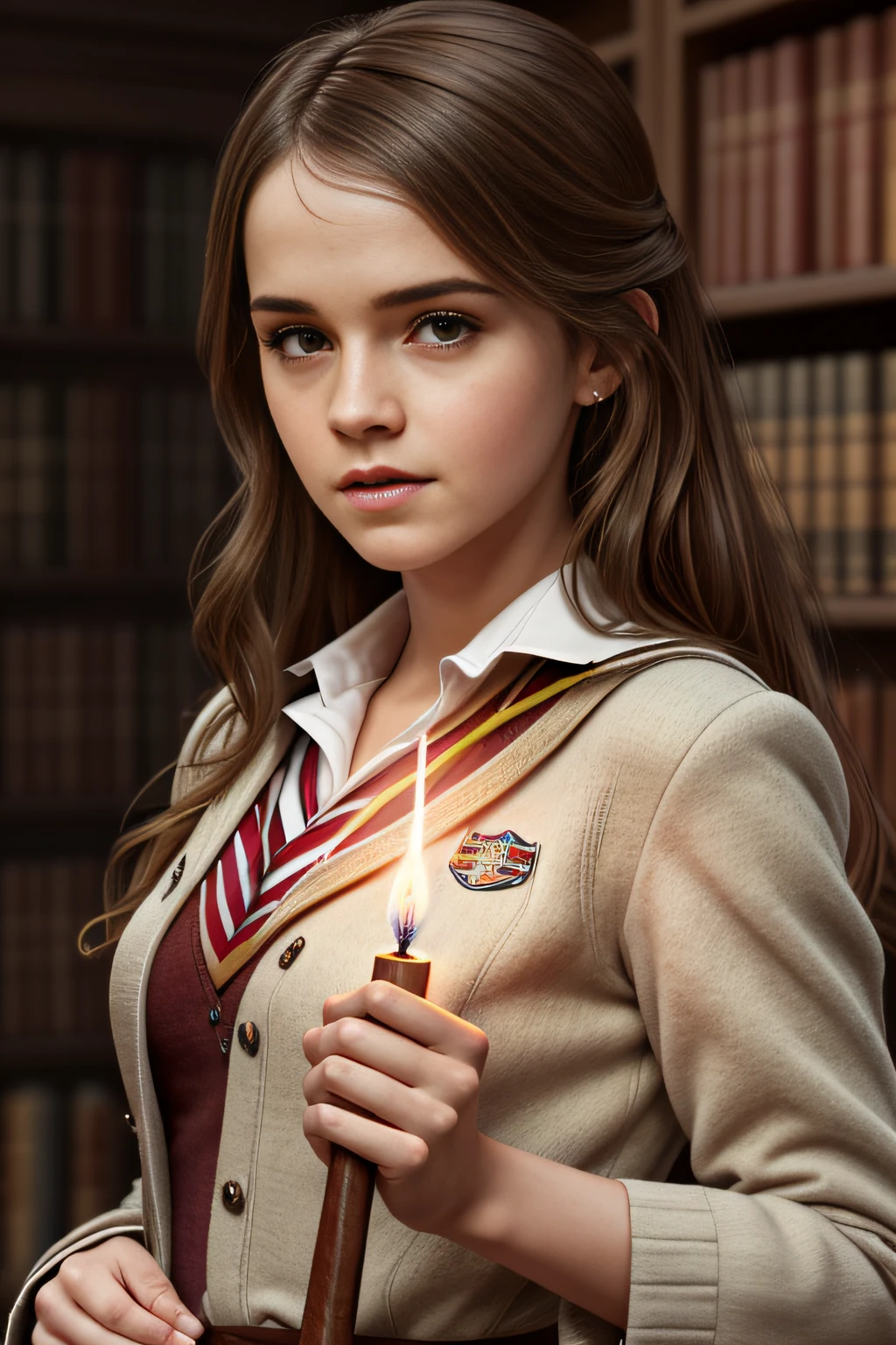 艾瑪華森 (Emma Watson) 飾演妙麗格蘭傑 (Hermione Granger)，身穿經典紅色 , ((只有綠皮書)) 圖書館內, 握住棕色魔杖的尖端,  ((因 Lumos 咒語而發光)), 豐富多彩的, 數位繪畫, 概念藝術, 光滑的, 銳利的焦點, 插圖, 藝術超詳細, 由約翰·布蘭奇修飾, 實際的, 光滑的 face, 完美的眼睛, 對稱, 全身照, 廣角, 銳利的焦點, 8K高清, 極為詳細, 錯綜複雜, 優雅的, artgerm 的藝術