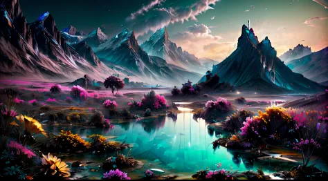 photo image, a mountainous landscape , un lago , Beautiful and Aesthetic, hora dorada rosa suave, crepusculo,, flores al aire li...
