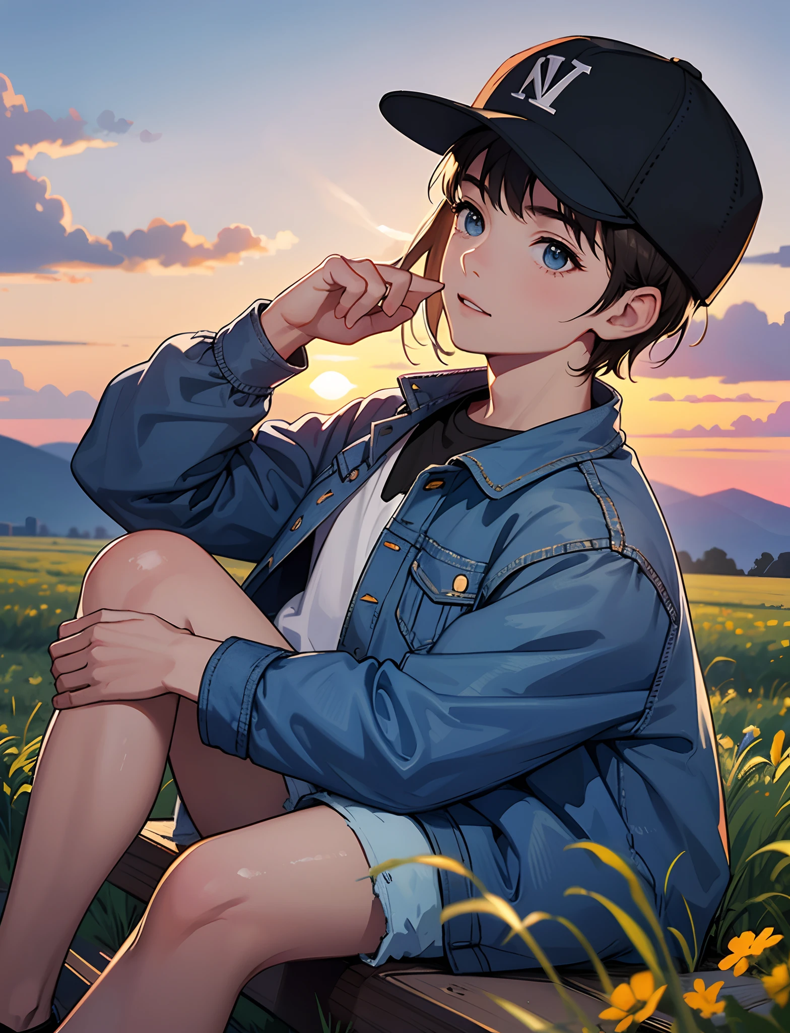 一个小男孩，穿牛仔夹克，戴上棒球帽，坐在草地的岩石上，看着天空，背景是村庄，日落与落日，全身照，超高清