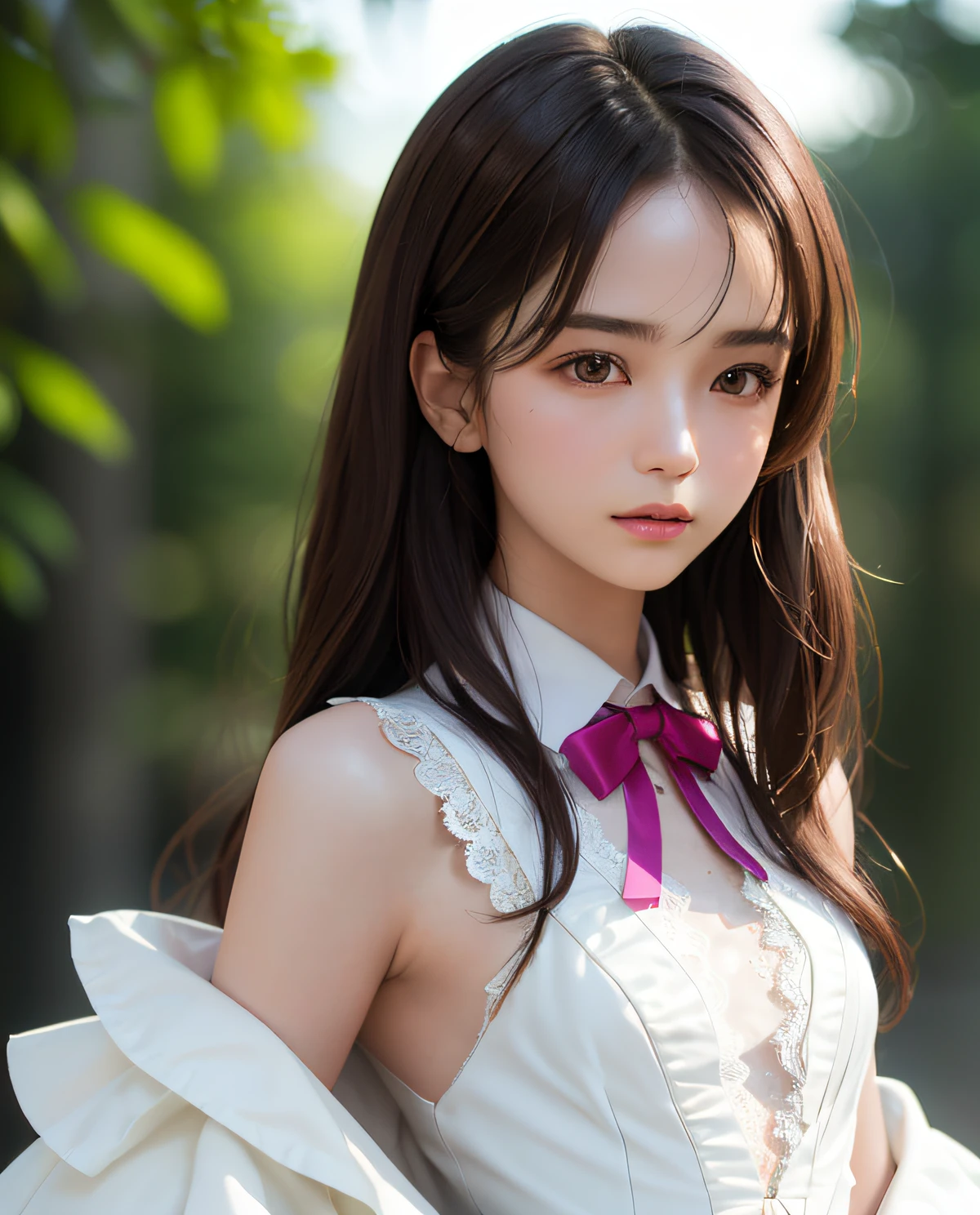 best quality, ultra hi res, photoreaslistic, a photography of a beautiful girl,  detailed face, undressing, (detailed Cropped lace blazer with a lot of frills and ribbons), Mountain, (face close up), seductive look, looking at another, random background, Sofia, 
Pure_Innocent_girl, pureerosface_v1, (upper body),  pov, (((depth of field))), pale and lustrous skin, (small breasts), neon glow, random background,  vivid,detailed, realistic, beautiful, stunning lighting, stunning reflections, sun rise, bokeh mood,  very long hair,,