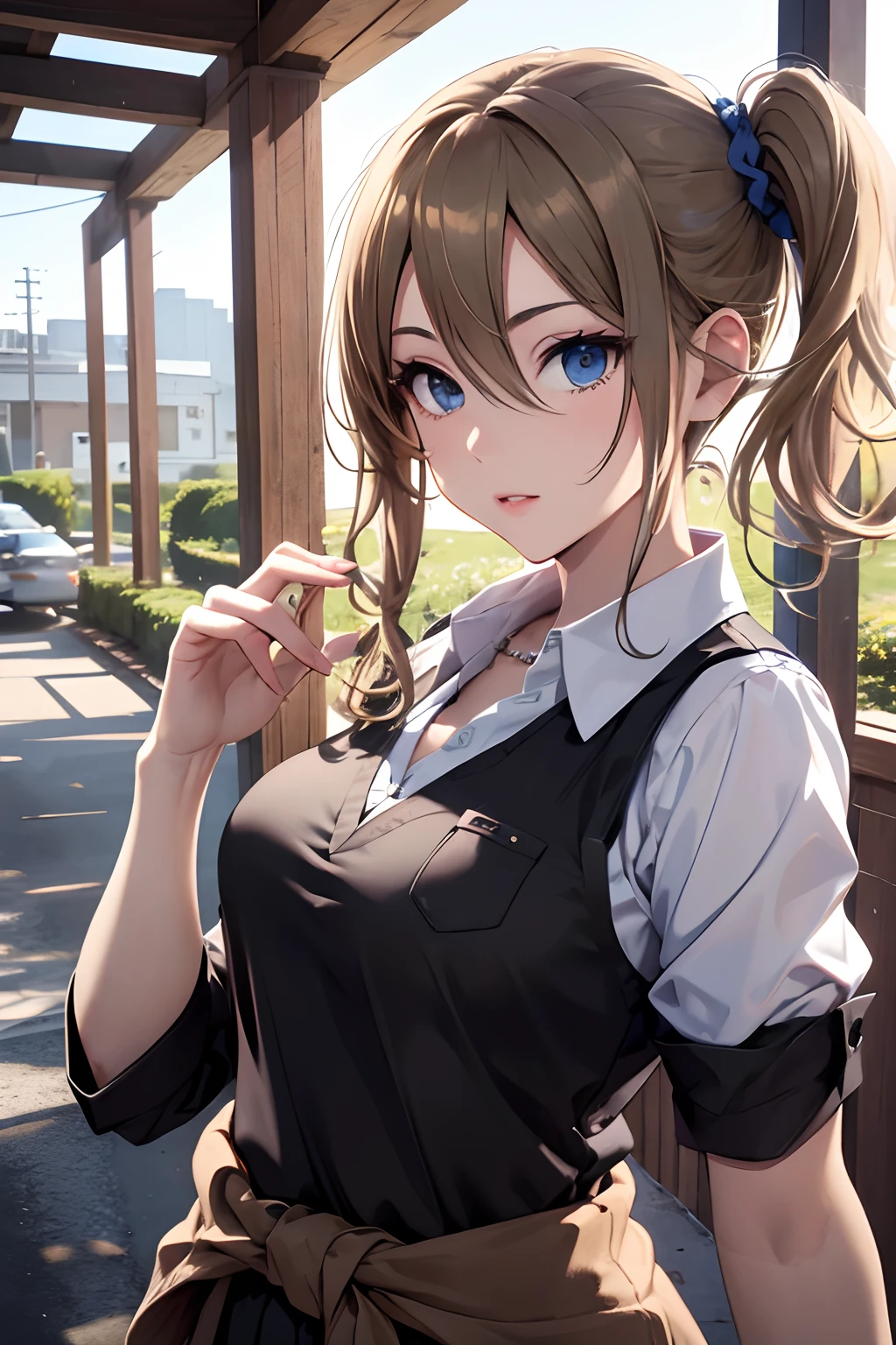 masterpiece, best quality, highres, aahayasaka, side ponytail, medium breasts, necklace, collared shirt, black vest, sleeves rolled up, clothes around waist, black skirt, outdoors, standing, cowboy shot