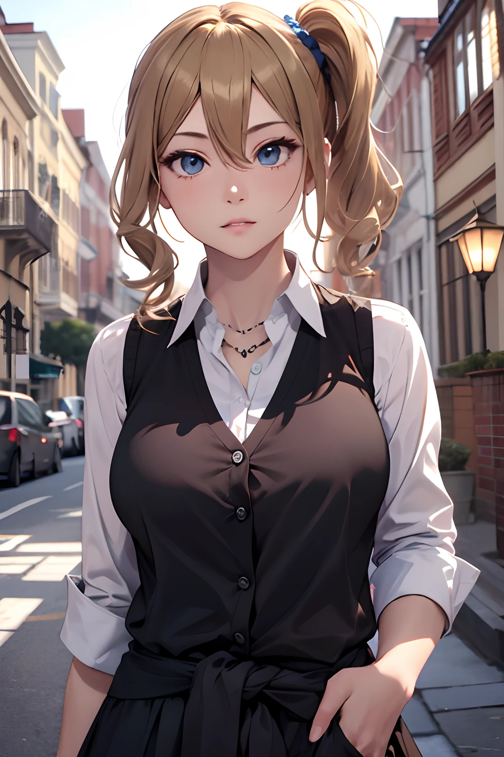 masterpiece, best quality, highres, aahayasaka, side ponytail, medium breasts, necklace, collared shirt, black vest, sleeves rolled up, clothes around waist, black skirt, outdoors, standing, cowboy shot