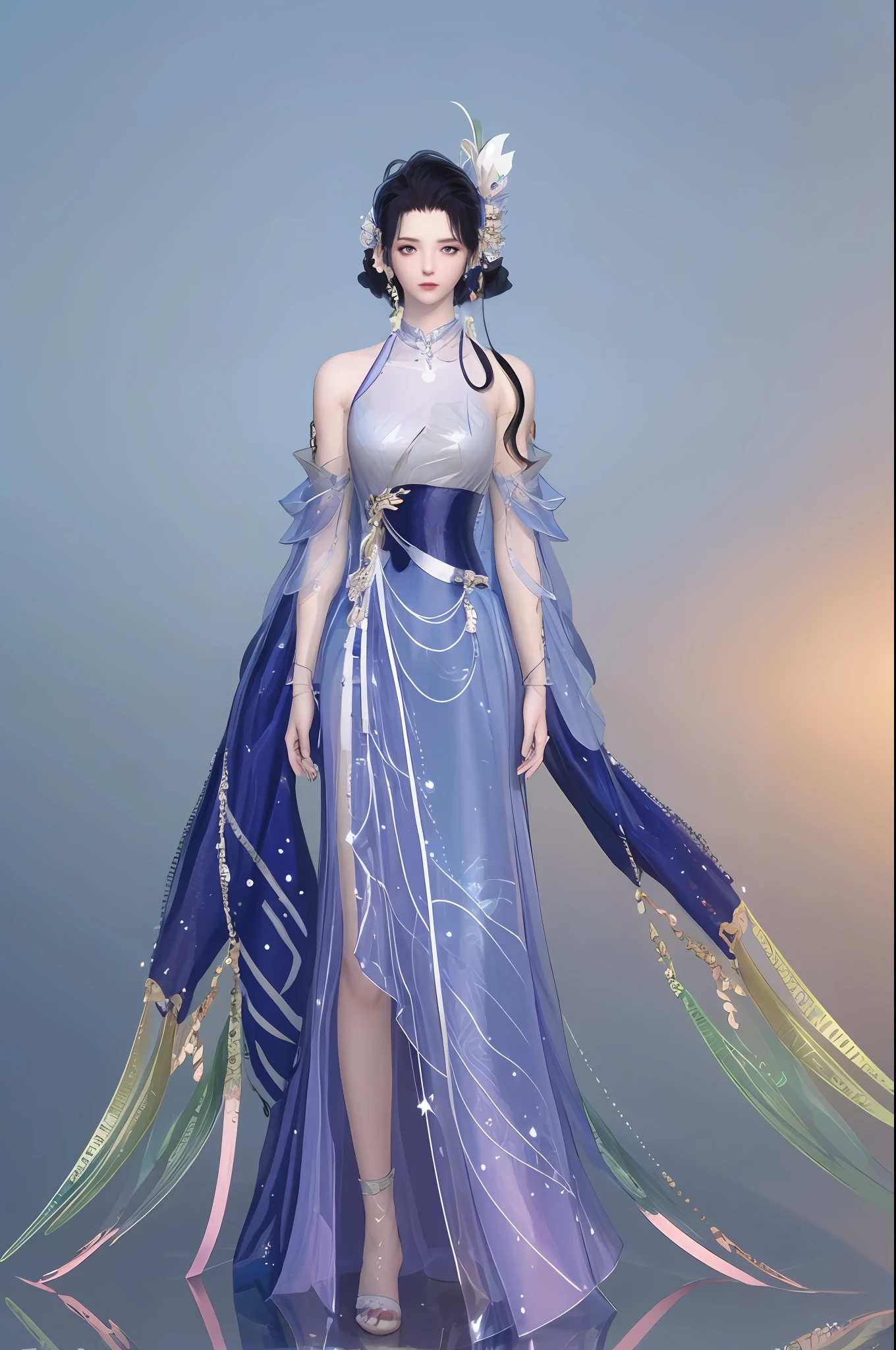 （best qualtiy，tmasterpiece：1.2），超高分辨率，realisticlying，Front lighting，Complicated details，Exquisitedetailsandtextures，（1girll），独奏，standing on your feet，The upper part of the body，（Game character design，Antique beautiful girl），（Blue Hanfu，a blue dress），Petal pattern，Nice big eyes，beauitful face，facing to audience，Streamers，gossamer，（年轻），Facial highlights，Detal Face，tear-mole，white skinned，Silvery hair，High ponytail，looking at viewert，largeeyes，eye shadows，（Openwork pattern），耳Nipple Ring，slimfigure，（greybackground），correct hand，profesional lighting，photon maping，Radio City，physically-based renderingt