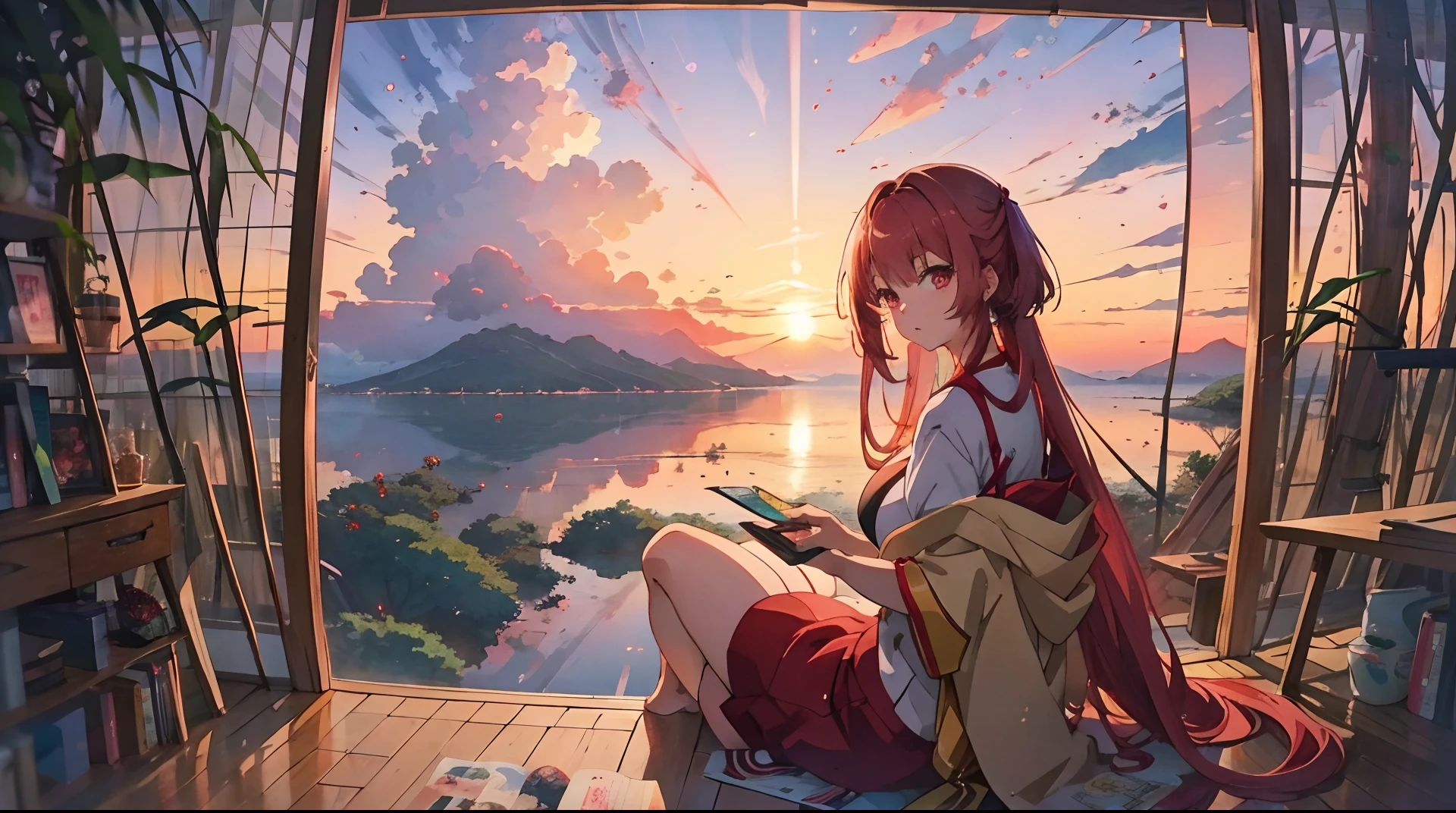 Chica anime sentada en el alféizar de una ventana mirando la puesta de sol  - SeaArt AI