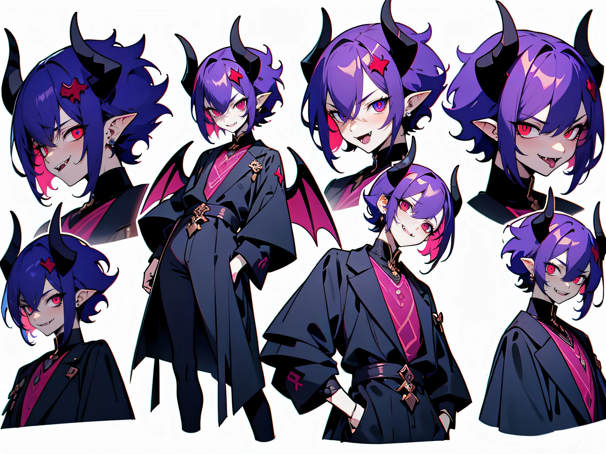 (Male characters:1.2),(Boy:1.2), ((Character design)),(Same role,Different expressions:0.7),Pubic area is clear,hyper HD, Exquisite,Rose red eyes， Pupil of the slit, Evil smile, fang out, poison fangs, Devil Eyes, Mad eyes, Long tongue, Evil, Crazy smile,