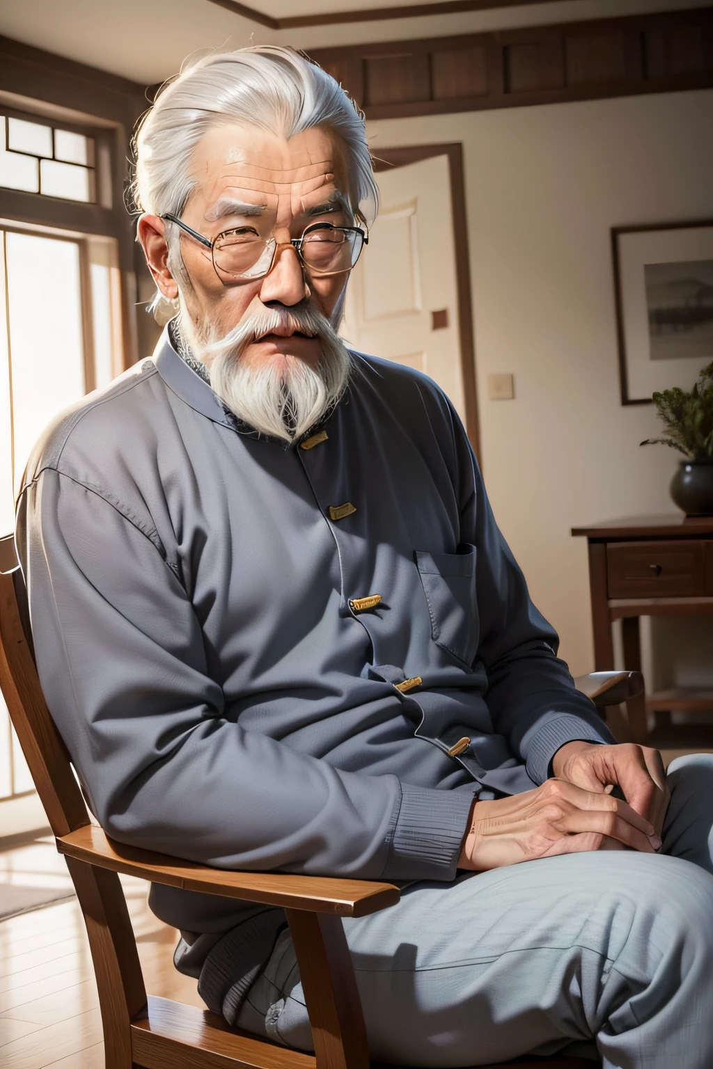 Arafed man sitting in a chair with a white beard and glasses - SeaArt AI