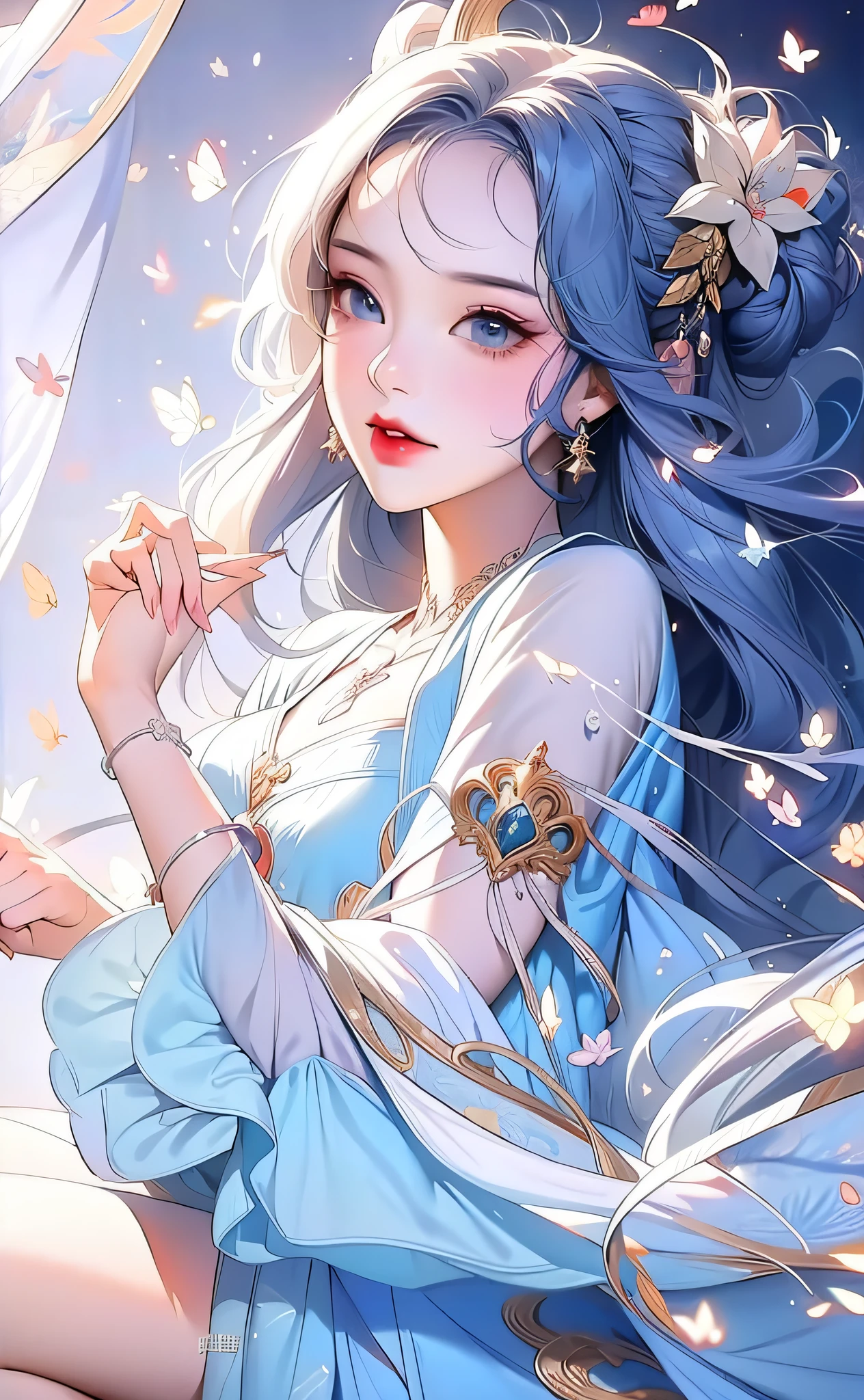 Best quality，tmasterpiece，A high resolution，white color hair，Gradient blue dress，animemanga girl, Anime goddess, uma linda princesa, Beautiful anime girl, beautiful fantasy anime, Beautiful young wind spirit, anime girl with cosmic hair, Beautiful anime woman, Anime fantasy illustration, beautiful and seductive anime woman, Portrait Chevaliers du Zodiaque Fille, Fantasy art style, Beautiful anime style, Anime fantasy artwork