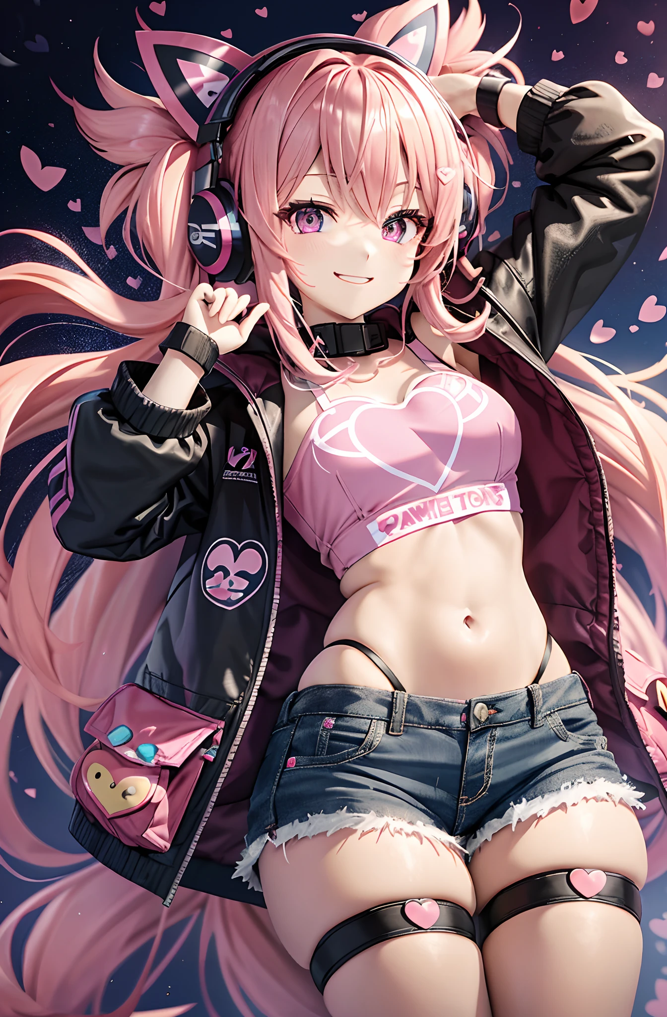 A pink-haired。length hair。Twin-tailed。shortpants。parka。耳Nipple Ring。Heart-shaped chest。Heart logo。huge smile。Game Center。headphones。a navel。Futomo。Navel Ejection。