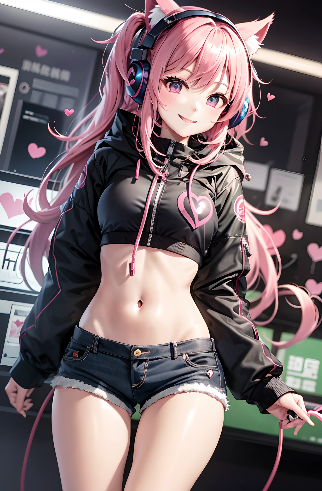 A pink-haired。length hair。Twin-tailed。shortpants。parka。耳Nipple Ring。Heart-shaped chest。Heart logo。huge smile。Game Center。headphones。a navel。Futomo。Navel Ejection。