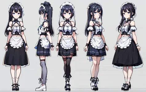 1人,(1 girl:1.2),Reference diagram,(Fantasy character design, Front, back, Side),(Black color hair),(blue color eyes),full bodyesbian, Maid outfit,((maid costume(Crop tops):1.3)+(Off-the-shoulder puff sleeves black top(/White lace:1.3)/)+(Small white apron,...