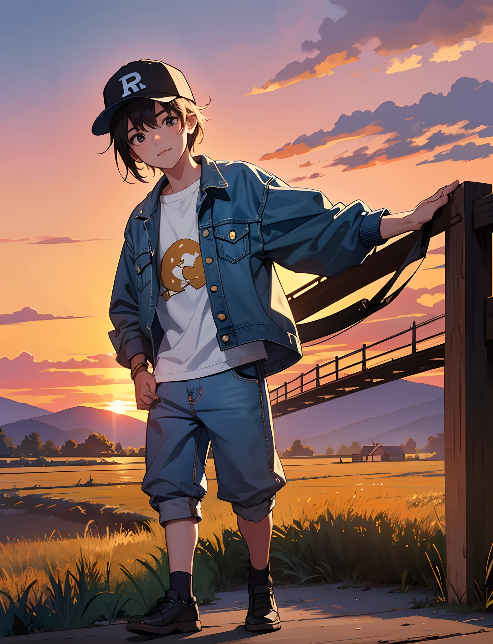 Um jovem com，use uma jaqueta jeans，Com um boné de beisebol，Caminhe em estradas rurais，O fundo é a aldeia，Pôr do sol e pôr do sol，Foto de corpo inteiro em close，definição ultra-alta
