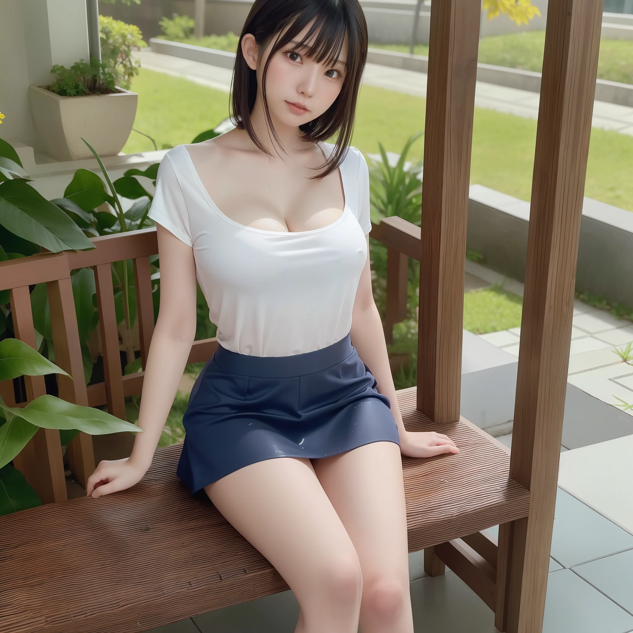 Araffe asian woman sitting on a bench in a white top and blue skirt -  SeaArt AI