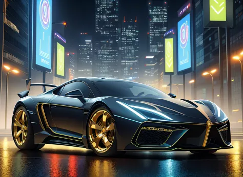 ominous looking futuristic car, wet reflective road, iridescent paint, highly detailed rims, glowing rims, view from the front, futuristic city background, golden hour, [cyberpunk night city:1.3], 8k dslr, sharp, tack sharp, intricate details, masterpiece,...