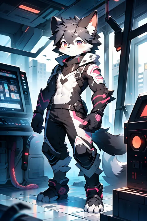 Furry Bernese mountain dog, forelimb, Legs, Standing Shota boy, Overall whitehead, Arms, Body and legs，Blue-black pattern all over，pink flesh pads, eyes and pupils blue, Furry, No clothing, Two ears，Mechanical nanoskin
