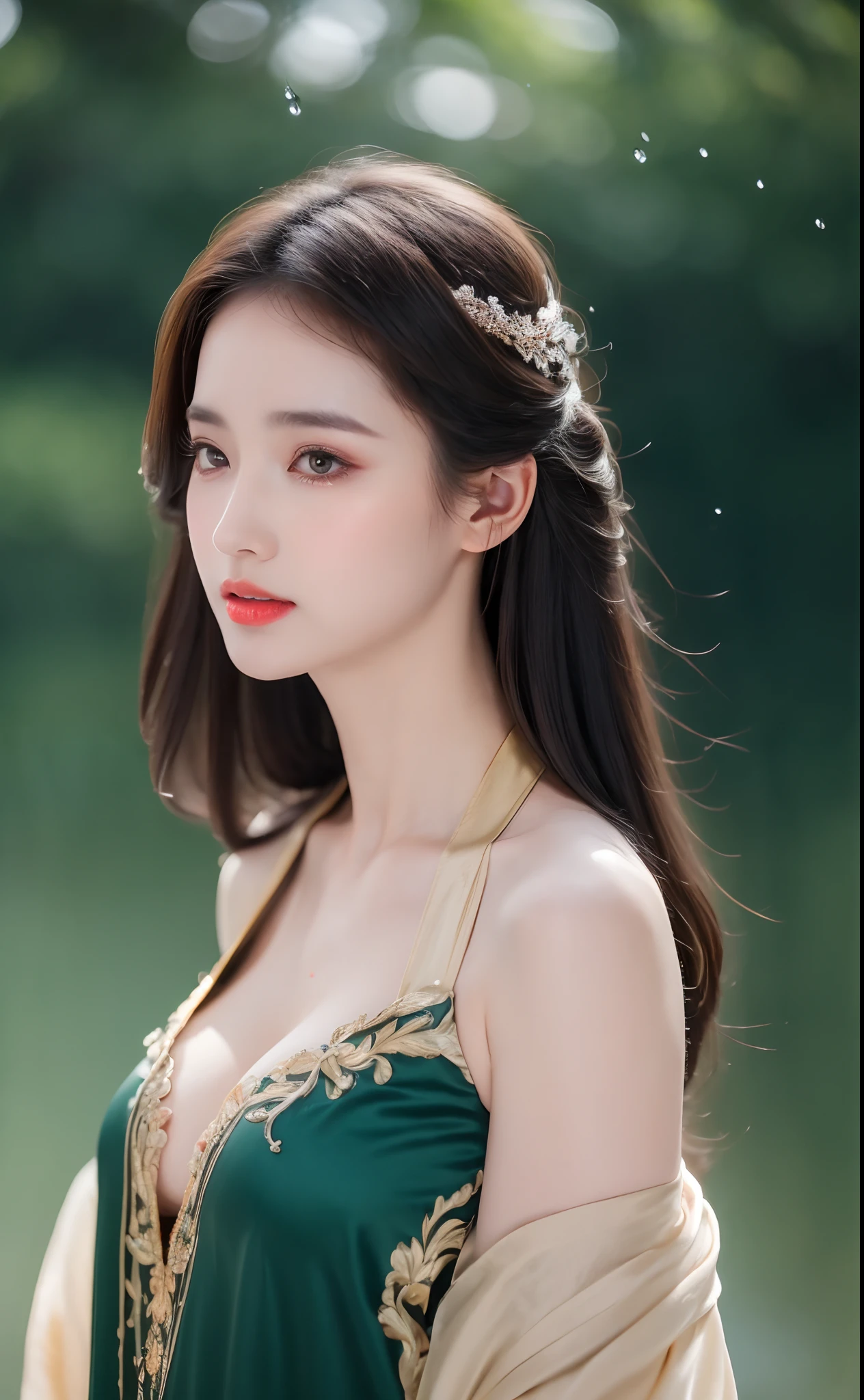 ((Best Quality, 8k, Masterpiece: 1.3)), Focus: 1.2, Perfect Body Beauty: 1.4, Buttocks: 1.2, ((Layered Haircut)), (Wet Clothes: 1.1), (Rain, Street:1.3), (Breasts: 1.2), (Hanfu: 1.2), Bare Shoulders, Bare Legs, Highly Detailed Face and Skin Texture, Fine Eyes, Double Eyelids, Whitened Skin, Long Hair, (Shut Up: 1.5), (Bokeh Background: 1.5), Big Breasts