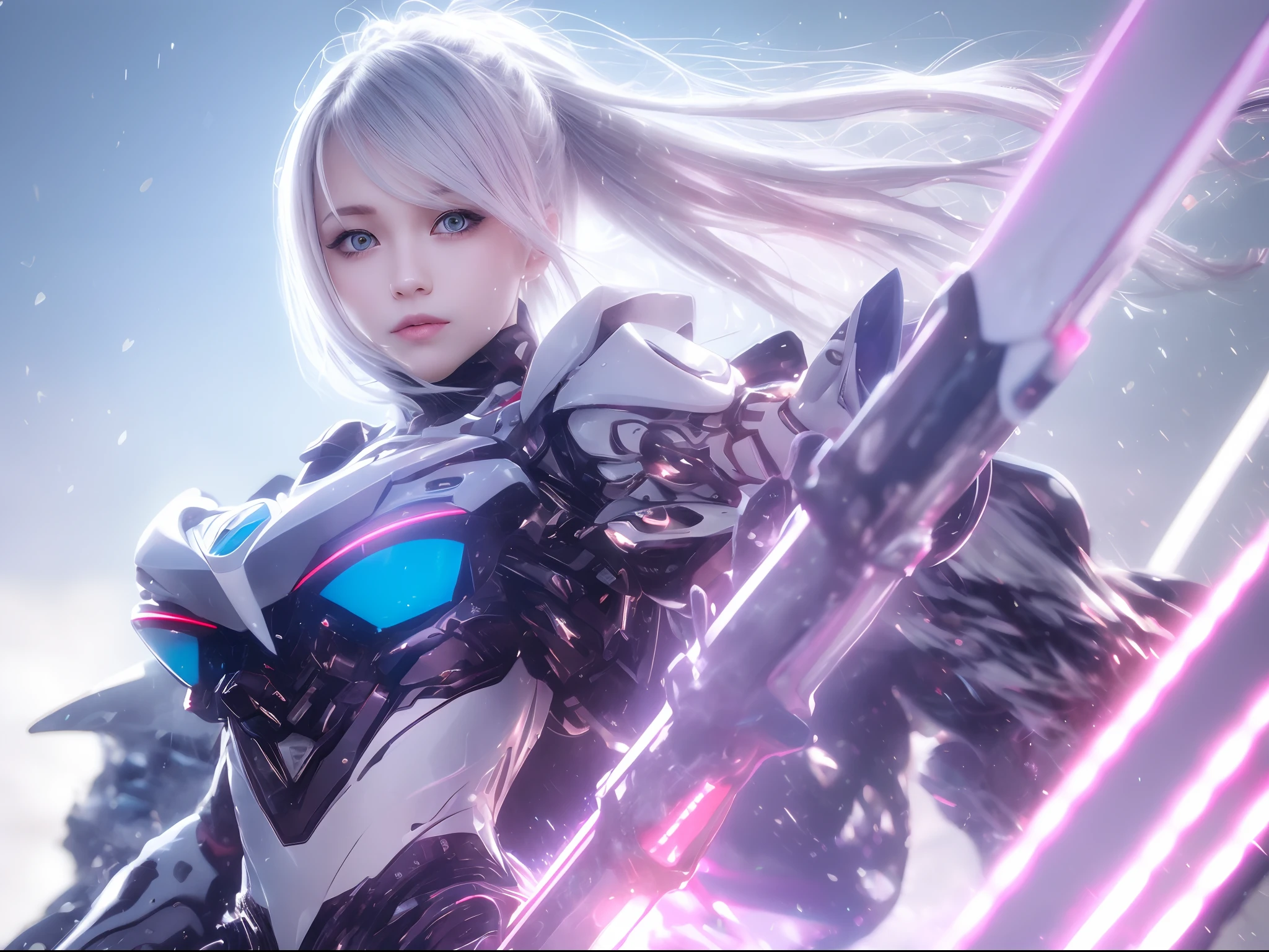 Gray hair, blue color eyes, Red eyeshadow, ssmile, slightly red face, Feminine expression, The delicate face shape is perfectly described, Eye-shaped necklace, Mecha armor，Clear lines, White gloves，Metal streamers, Metallic glossy wing，Wielding a shining thunder sword，Best photo quality, 16K High Resolution, Colored inner hair, Inner dyeing asymmetrical hairstyleAsymmetrical hairstyle, Side drill single-sided drill bit roll, hyper HD