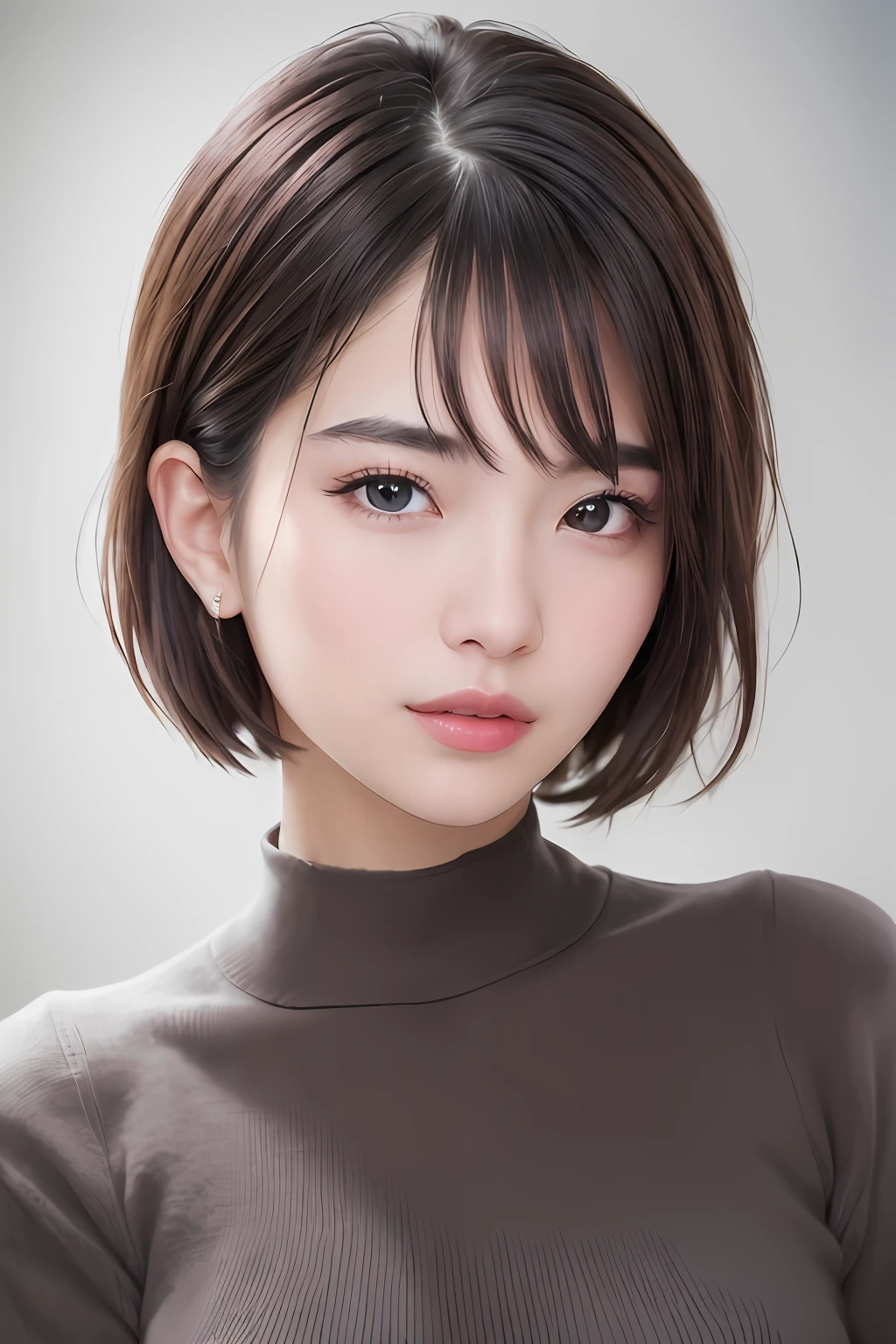 (((Head to waist portrait))), ((Upper body)), (masutepiece: 1.3), (8K, Photorealistic, raw, of the highest quality: 1.4), (1 girl), Beautiful face, (Face like real), (Black hair, Short hair: 1.3), Beautiful hairstyle, Realistic eyes, Beautiful details, (Realistic skin), Beautiful skin, (Sweaters), Absurd, Charming, 超A high resolution, Super realistic, High Definition