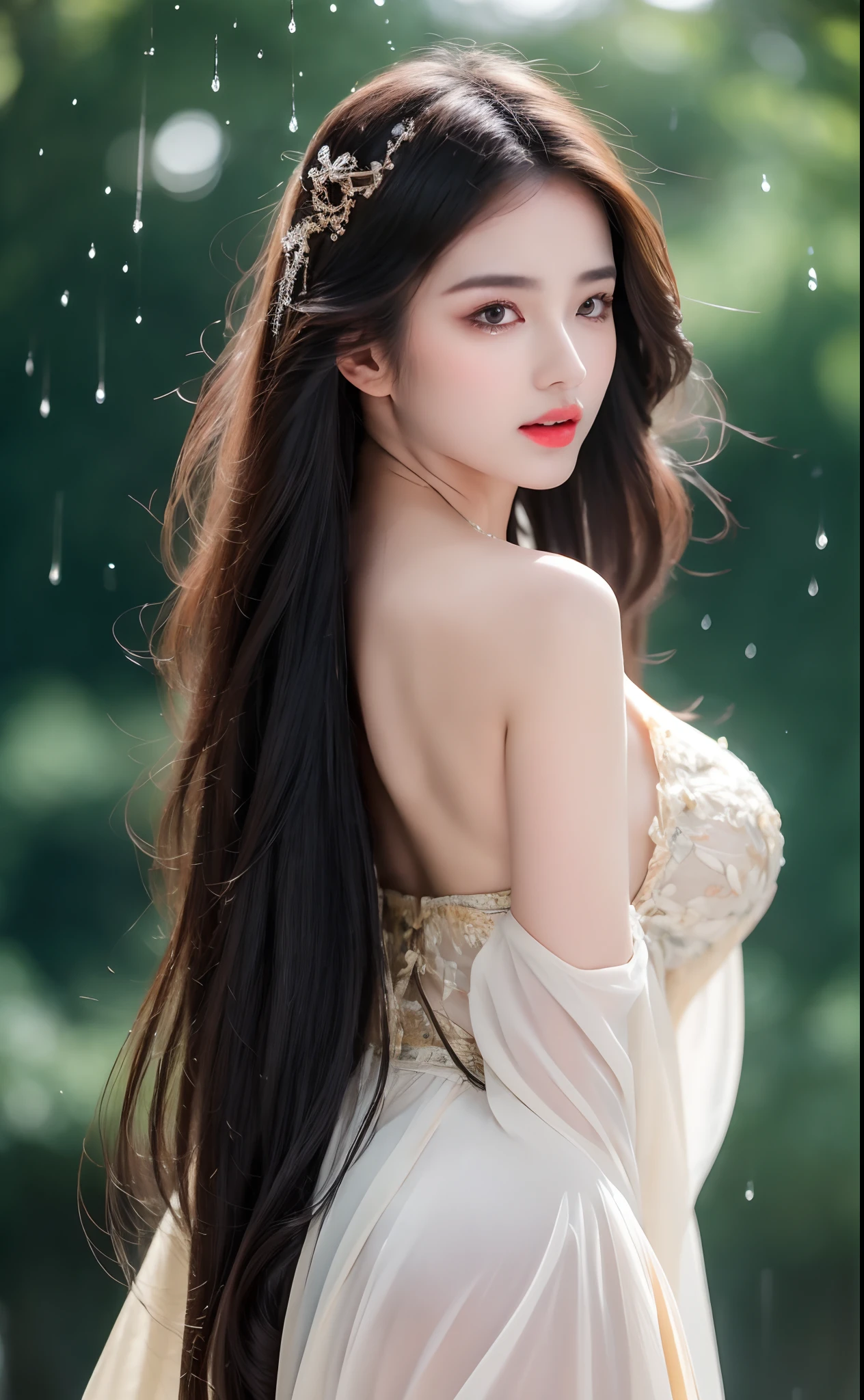 ((Best Quality, 8k, Masterpiece: 1.3)), Focus: 1.2, Perfect Body Beauty: 1.4, Buttocks: 1.2, ((Layered Haircut)), (Wet Clothes: 1.1), (Rain, Street:1.3), (Breasts: 1.2), (Hanfu: 1.2), Bare Shoulders, Bare Legs, Highly Detailed Face and Skin Texture, Fine Eyes, Double Eyelids, Whitened Skin, Long Hair, (Shut Up: 1.5), (Bokeh Background: 1.5), Big Breasts