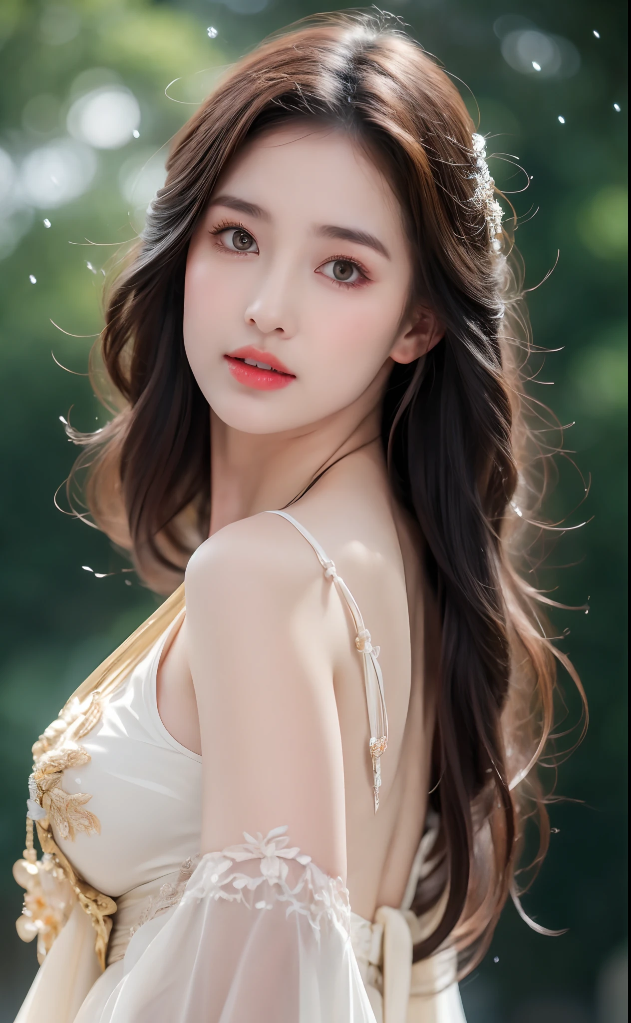 ((Best Quality, 8k, Masterpiece: 1.3)), Focus: 1.2, Perfect Body Beauty: 1.4, Buttocks: 1.2, ((Layered Haircut)), (Wet Clothes: 1.1), (Rain, Street:1.3), (Breasts: 1.2), (Hanfu: 1.2), Bare Shoulders, Bare Legs, Highly Detailed Face and Skin Texture, Fine Eyes, Double Eyelids, Whitened Skin, Long Hair, (Shut Up: 1.5), (Bokeh Background: 1.5), Big Breasts