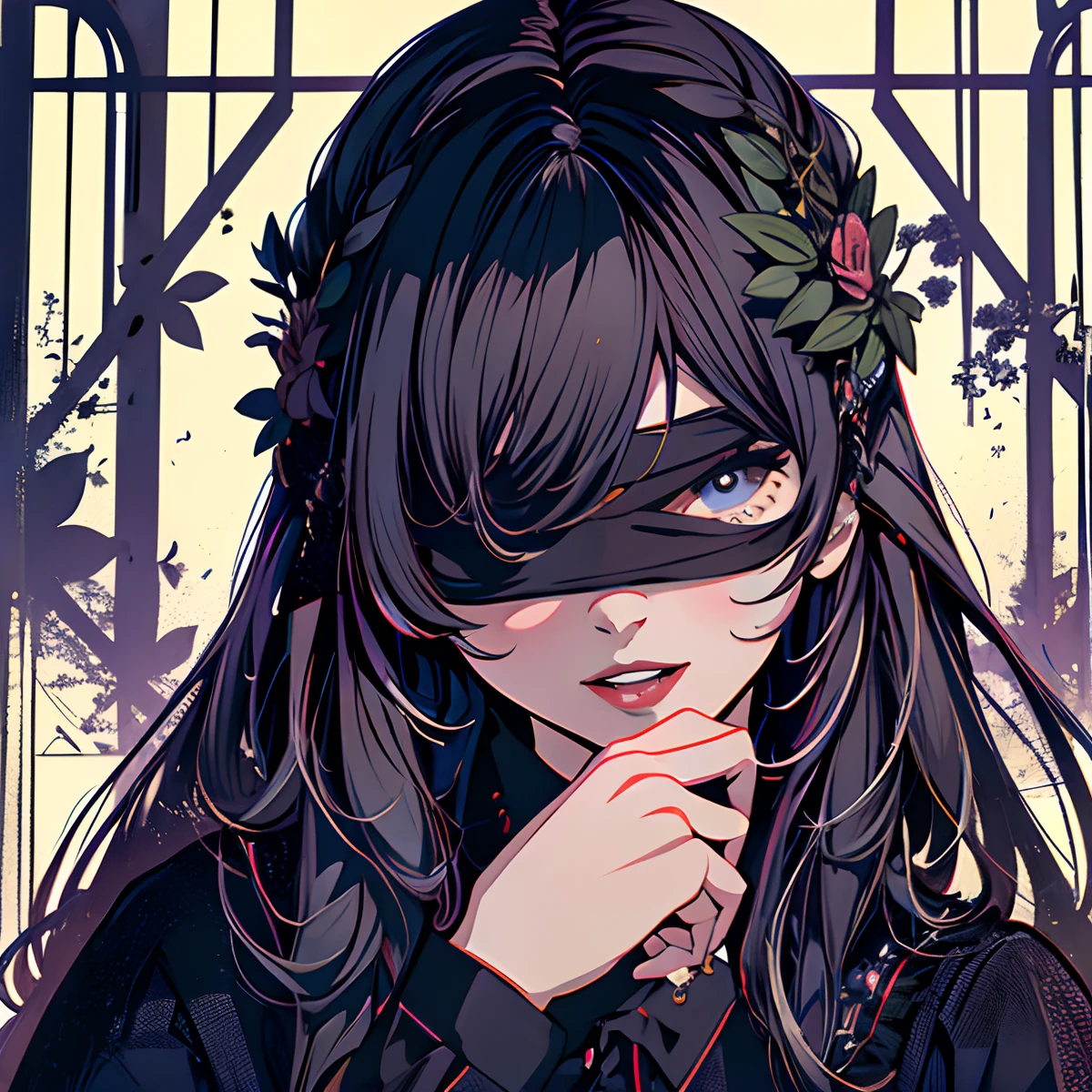 (masterpiece, top quality, best quality, official art, beautiful and aesthetic:1.2),
blindfold, solo, 1girl, open mouth, long hair, long sleeves, bangs, smile, upper body, bandages, shirt,
extreme detailed,highest detailed, optical mixing, playful patterns, lively texture, unique visual effect