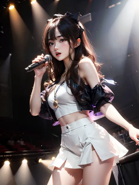 Idol singer，Stand on the stage，Hold the microphone，wearing sexy，Photorealsitic，garments。