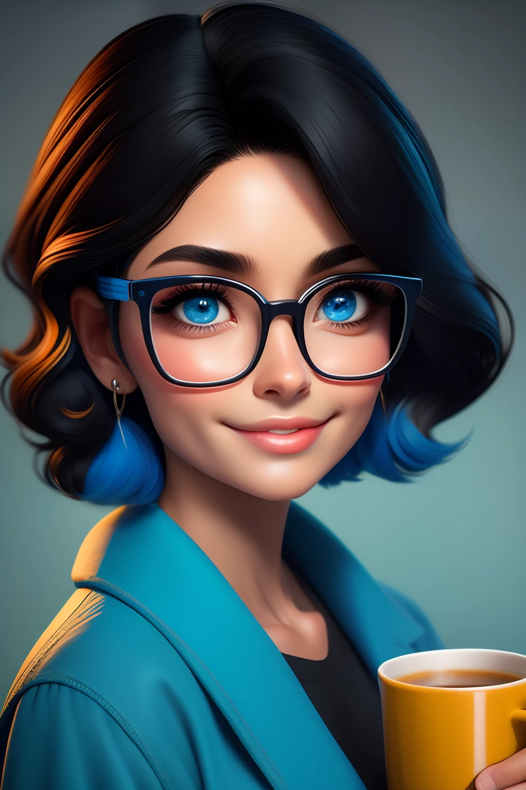 Obra-prima, mejor calidad, trabajo de renderizado 3d, estilo 3DMM, De cerca, retrato, 3D, Mujer: 43 años, pele morela, ojos castaños, gafas negras, cabello negro medio ondulado, Sonrisa de brackets suaves, 80 kg sobrepeso, Viste blusa celeste, Manga larga con volumen, sosteniendo una taza de café, junto a una mesa de estudio, Sobre la mesa una agenda abierta, Plumas, lapices. Núcleos Color caramelo, lindo