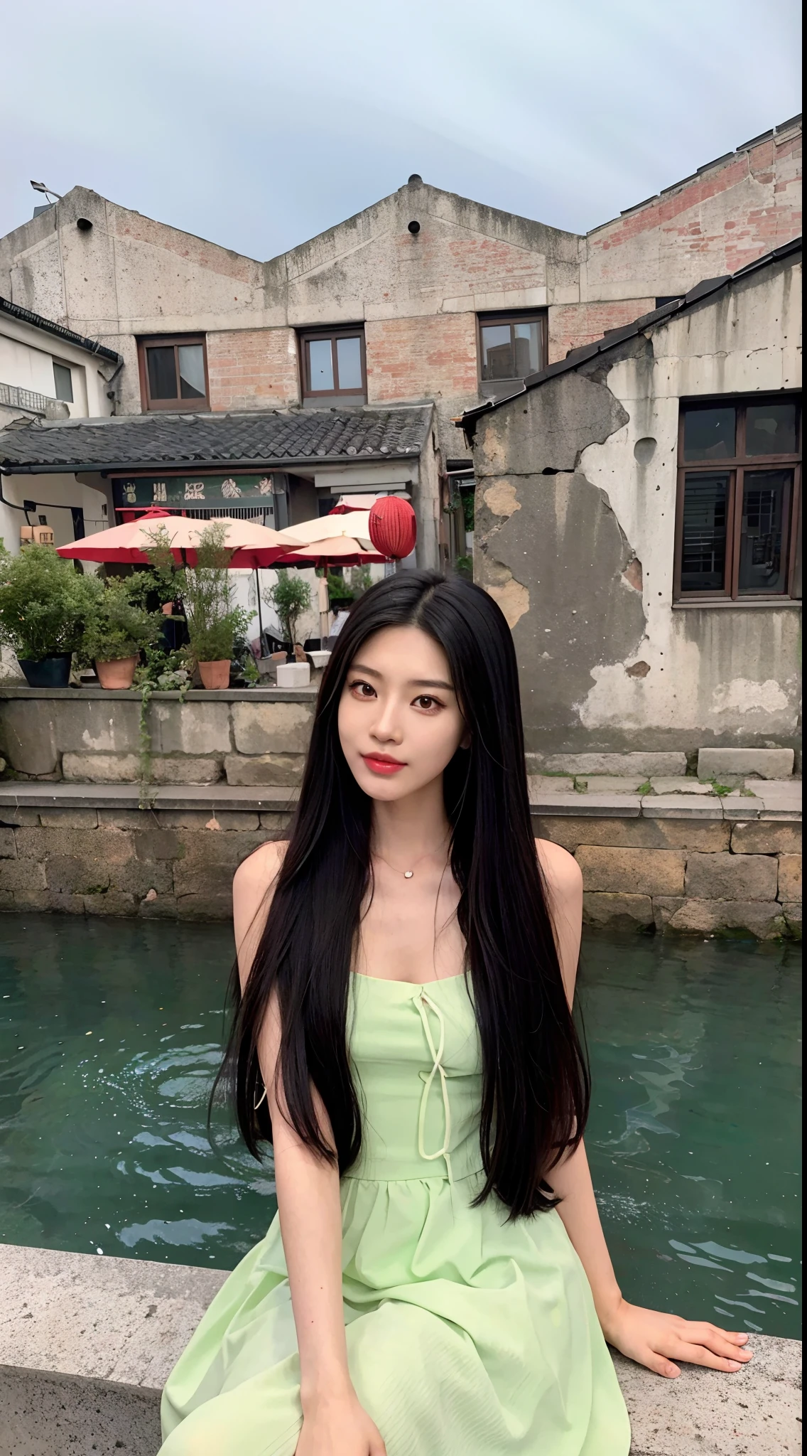 The Arapei woman sits on a stone shelf near a body of water, Asian girl with long hair, With long hair, ulzzangs, With long black hair, with straight black hair, Korean girl, Long straight hair in green and black, Young Asian girl, with long hair and piercing eyes, young cute wan asian face, Chinese girl, white hime cut hairstyle