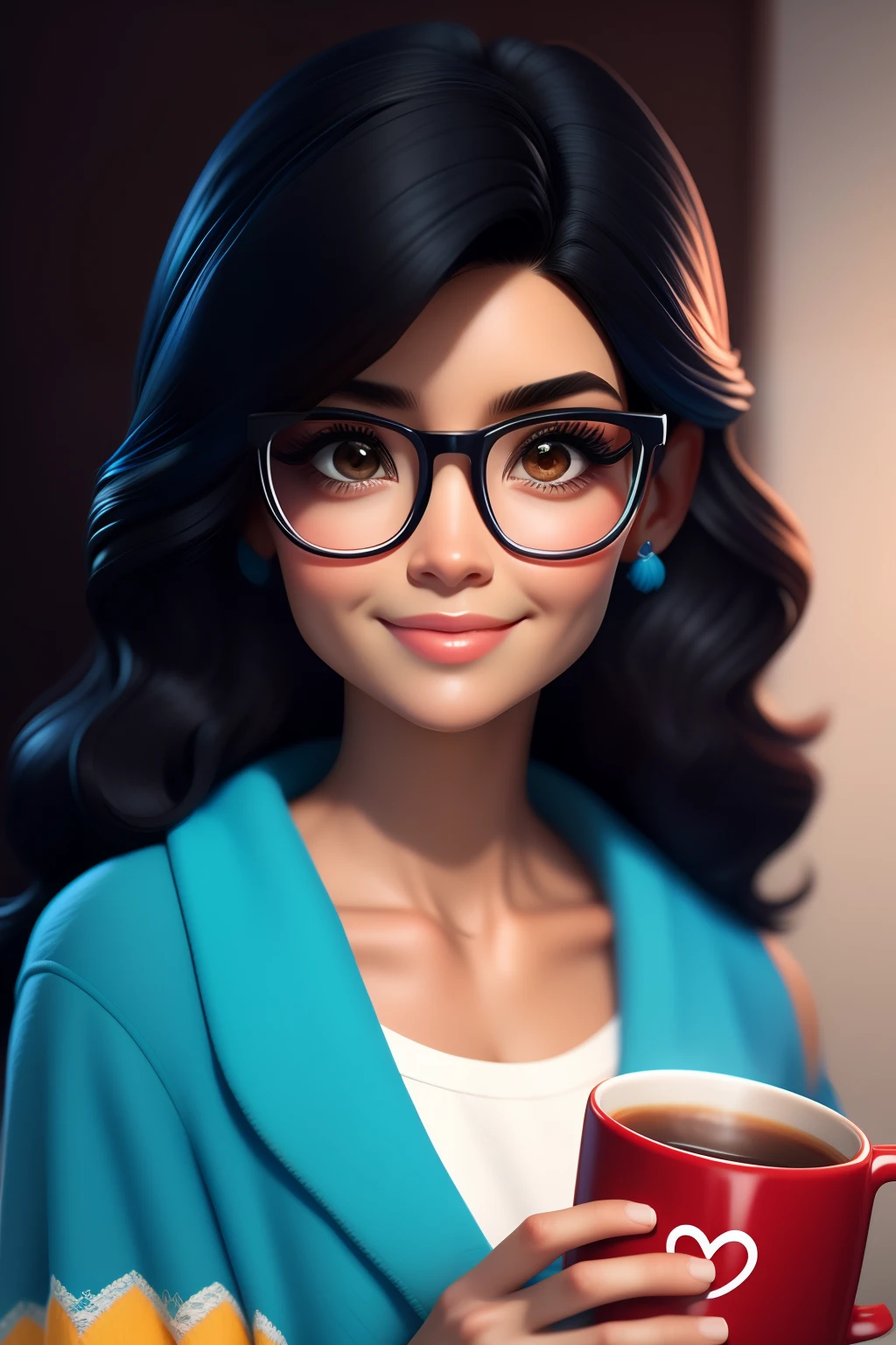 Masterpiece artwork, best qualityer, 3d rendering work, estilo 3dMM, close-up, portraite, 3d, woman 43 years old, first the design, eyes browns, black eyeglasses, medium wavy black hair, soft braces smile, 80 kg overweight, wears light blue blouse, long sleeve with volume, holding a mug of coffee, next to a study table, on the table an open agenda, pens, pencils. Cores Candy color, cute