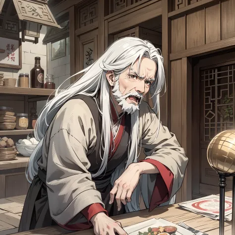 A long white hair，An ancient peasant of about 60 years old in gray Han clothes sat at the table and roared angrily（1 person in a...