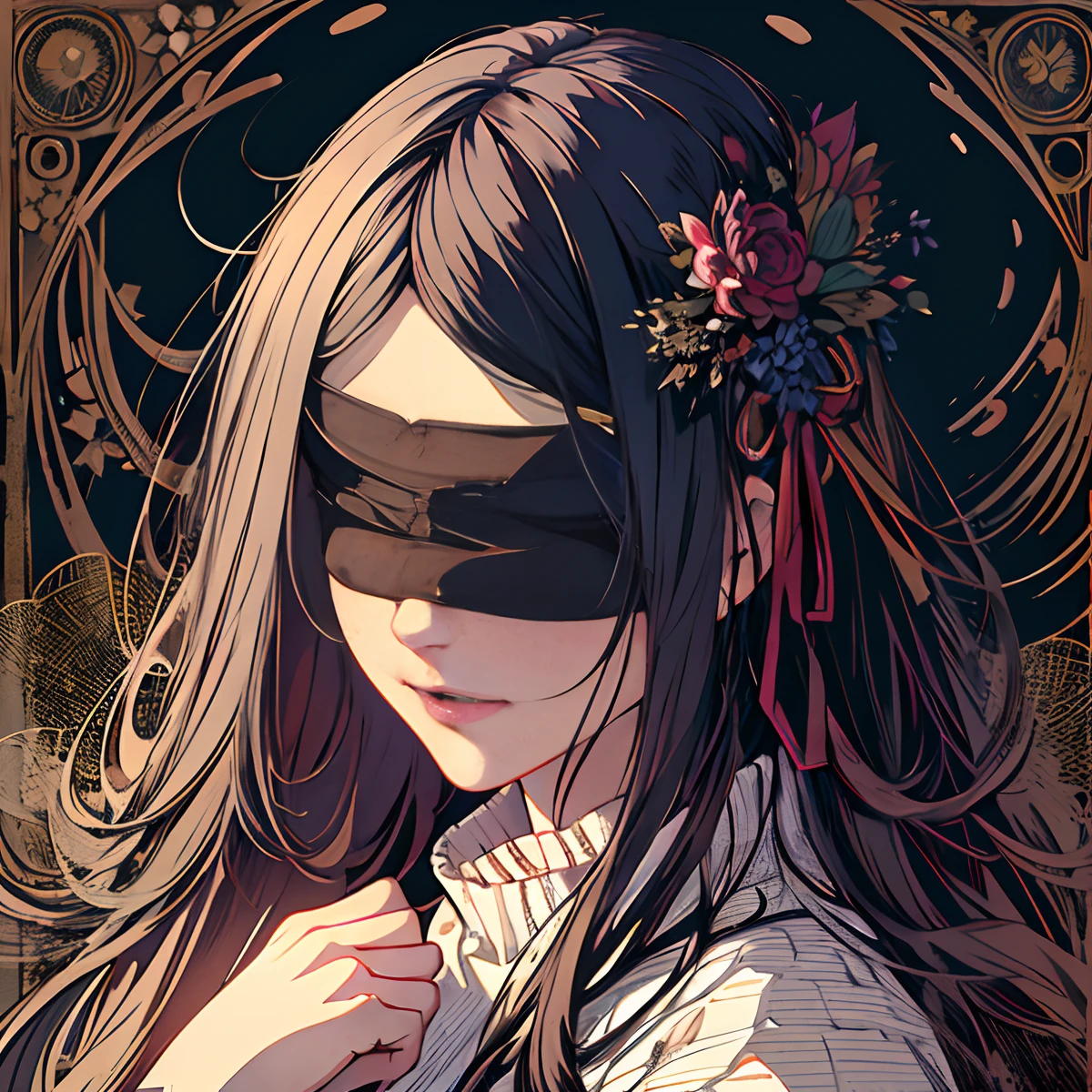 (masterpiece, top quality, best quality, official art, beautiful and aesthetic:1.2),
blindfold, solo, 1girl, open mouth, long hair, long sleeves, bangs, smile, upper body, bandages, shirt,
extreme detailed,highest detailed, optical mixing, playful patterns, lively texture, unique visual effect