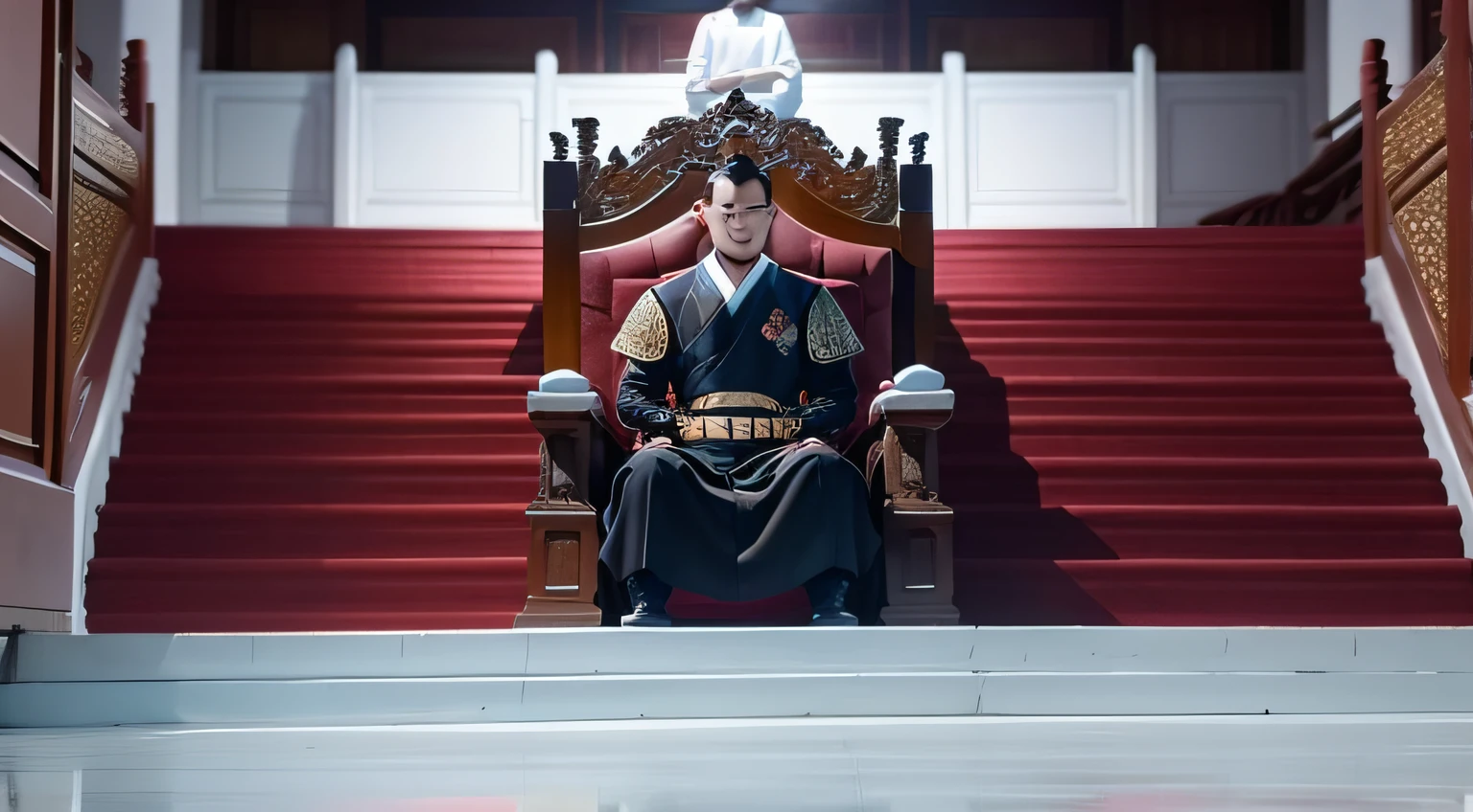 At the end of Wang Mang's rule: The scene depicts internal struggles within the court, social turbulence, and a volatile national situation. Wang Mang sits on the throne, his expression grave.