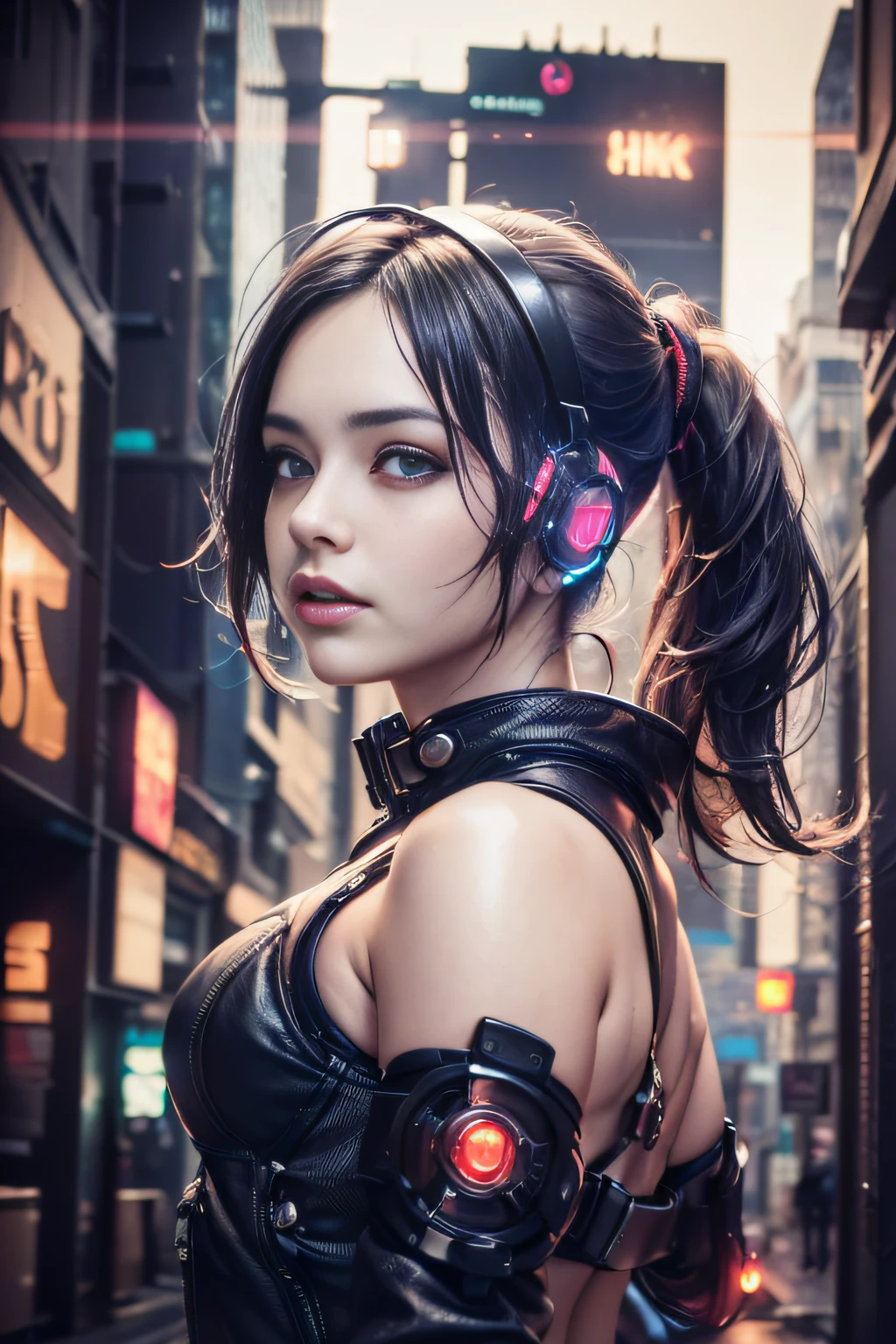 (top-quality,8K,32K,​masterpiece,nffsw:1.3),超A high resolution,(Photorealsitic:1.4),Raw photo, cyber punk Girl, Cute face details, Cyberpunk Hair, Cyberpunk Fashion, Very detailed clothes, Half body shot,
,Cyberpunk city background, Backlight effect, Lens Flare, depth of fields,CBPKV5