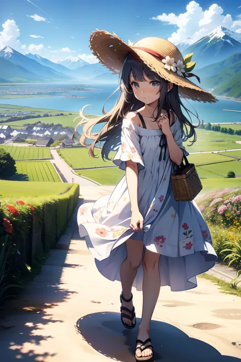 top-quality、masutepiece、Steppe with mountains and sea in the distance、Wearing a straw hat１People Girls、Looking Up、Hold your hand over it、White floral dress、sandal、Clear face