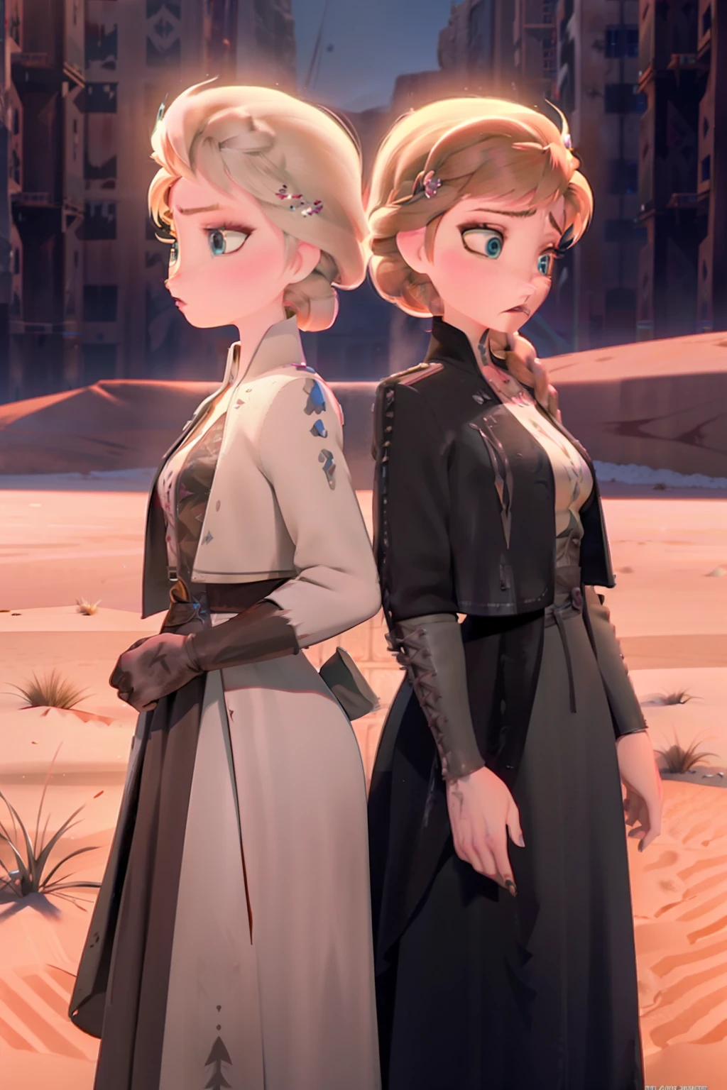 Elsa and Anna, post apocalyptic, two women, Elsa standing next to Anna, sisters,  desert, mad max, scarred, Post apocalyptic desert wasteland, Mad max, ear piercing, nose ring, gothy, torn clothes, Long jacket, scarrred, scarred, scarred, bruised, beat up, scarred