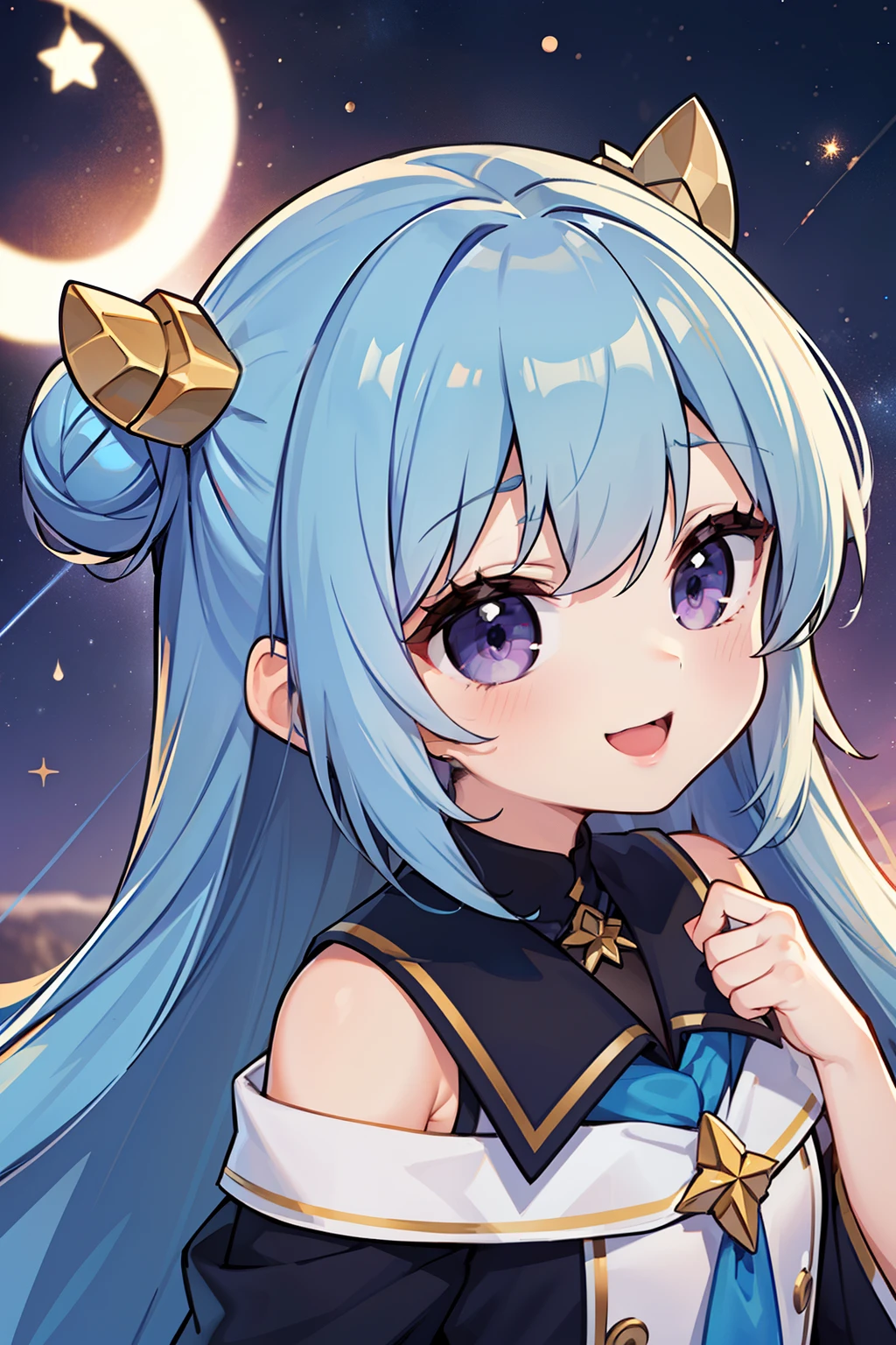 masterpiece, best quality, 1girl, solo, long hair, looking at viewer, (sky blue hair), ((curly hair)), double bun hair, ((purple eyes)), smile, laughing, blue Magic girl dress, magic stick, a star stick, in the universe, with many stars, milky way background, a yellow cross bag elementary school student, 8k, super detail, masterpiece, high quality, high resolution, high detail, high face detail, HD quality, (((detail face))), ((upper body))