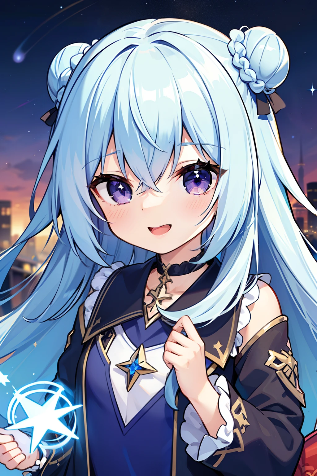 masterpiece, best quality, 1girl, solo, long hair, looking at viewer, (sky blue hair), ((curly hair)), double bun hair, ((purple eyes)), smile, laughing, blue Magic girl dress, magic stick, a star stick, in the universe, with many stars, milky way background, a yellow cross bag elementary school student, 8k, super detail, masterpiece, high quality, high resolution, high detail, high face detail, HD quality, (((detail face))), ((upper body))