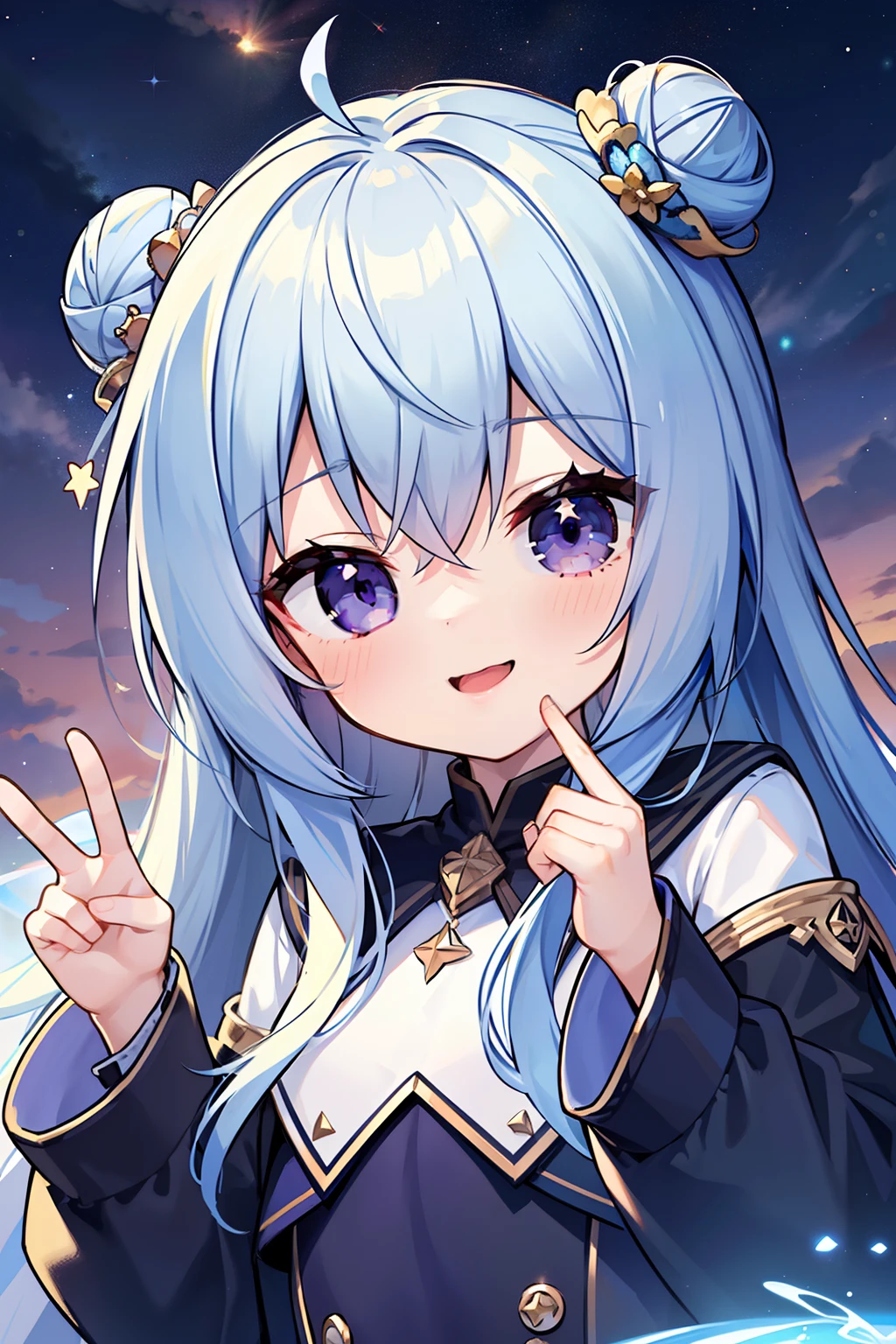 masterpiece, best quality, 1girl, solo, long hair, looking at viewer, (sky blue hair), ((curly hair)), double bun hair, bun on both sides, ((purple eyes)), smile, laughing, blue Magic girl dress, long sleeves, in the universe, with many stars, with a shooting star, milky way background, a yellow cross bag, elementary school student, 8k, super detail, masterpiece, high quality, high resolution, high detail, high face detail, HD quality, (((detail face))), ((upper body)), (((cute))), happiness