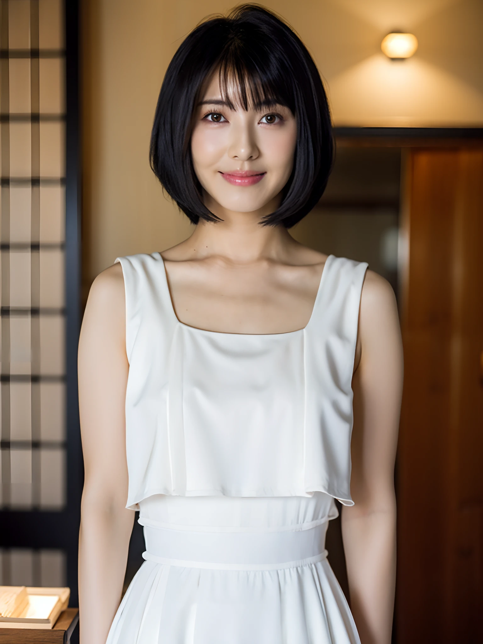 HamabeMinami schöne Frau kurze Haare schwarze Haare vollbusige weißes Kleid in einem japanischen Café