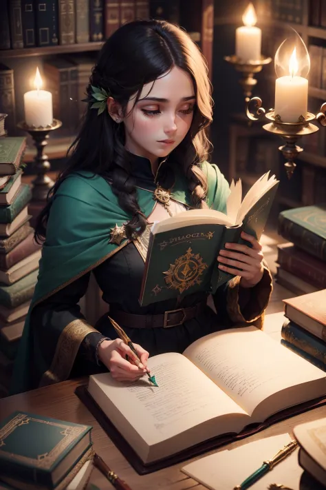 um livro com uma esfera verde brilhante em cima dele, floating spellbook, spell book, magic book, fantasy RPG book illustration,...
