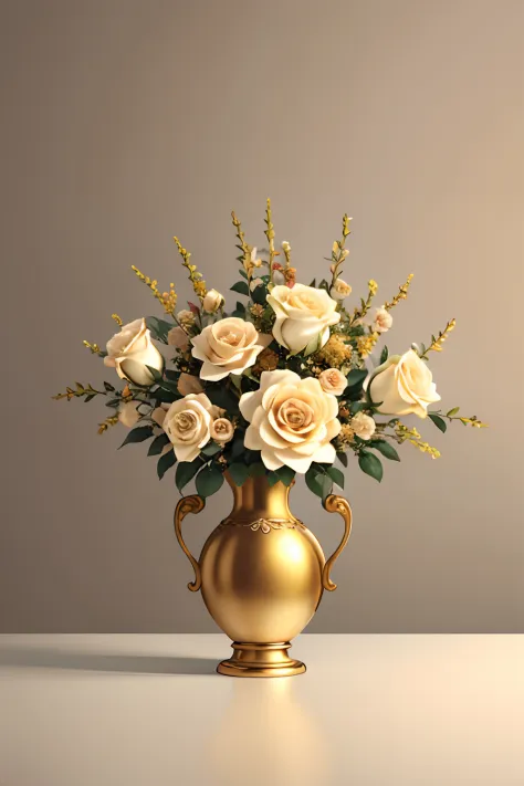 Beige background，vintage flower style，Gorgeous roses，Golden gorgeous vase