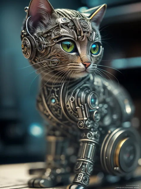 a cute kitten made out of metal，(Cyborg:1.1)，([Tail | detailed wire]:1.3)，(Complicated details)，hdr，(Complicated details，ultra - detailed:1.2)，Cinema lenses，Vignette，at centre，Macro lens, Cyborg, Cyberpunk Style, ((Intricate details)), hdr, ((Intricate details, ultra - detailed)), cinema shot, Vignette, Perfect (((Gorgeous face))), Highly detailed, iintricate