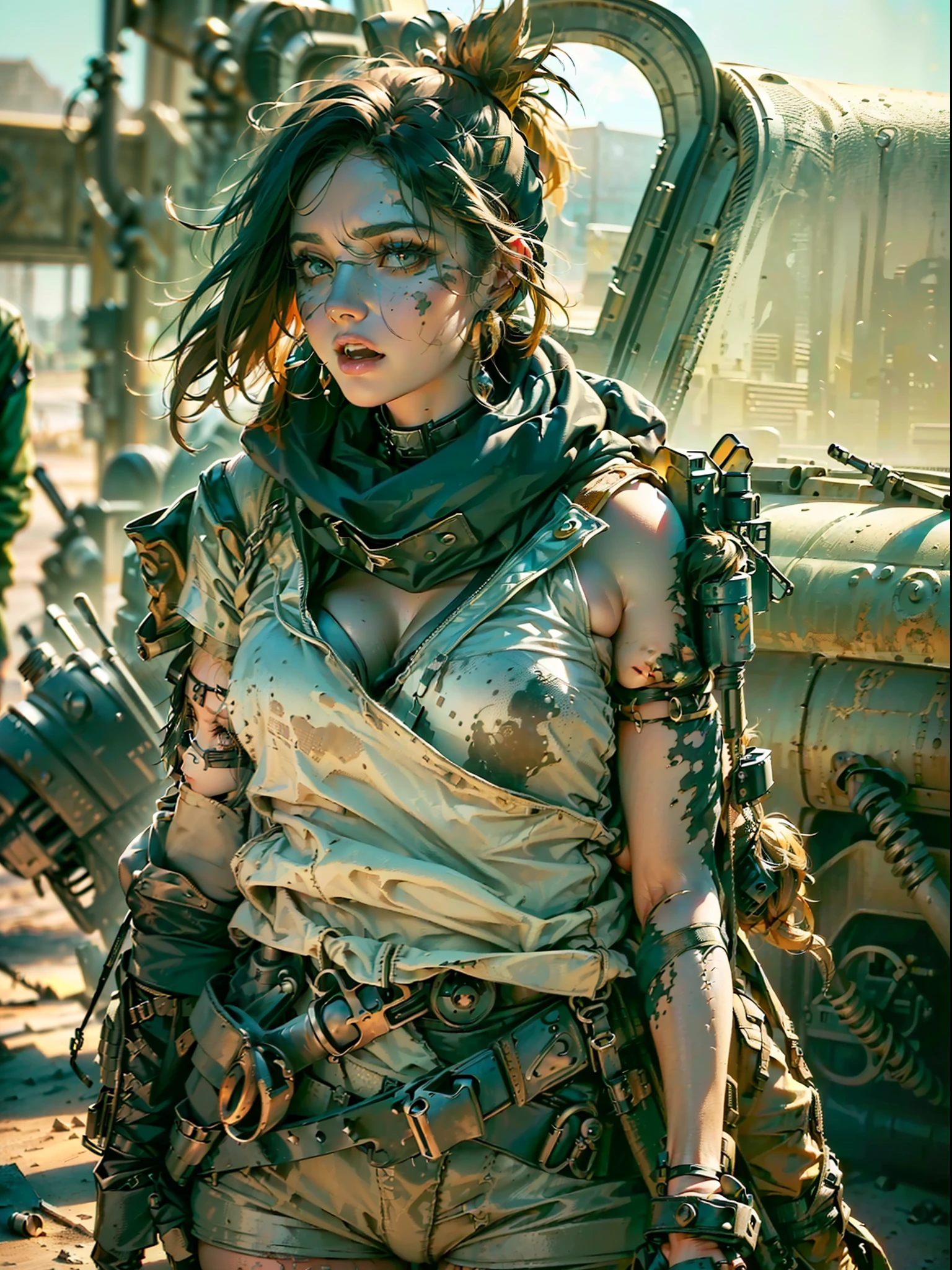 (((,desert punk clothes, mad max clothes,wasteland clothes))),sexy body, sexy clothes, big breast,marked cameltoe, big ass,In a desolate wasteland,(((a car caravan full of angry screaming and cursing desert warrior women hanging from doors and ceilings)))