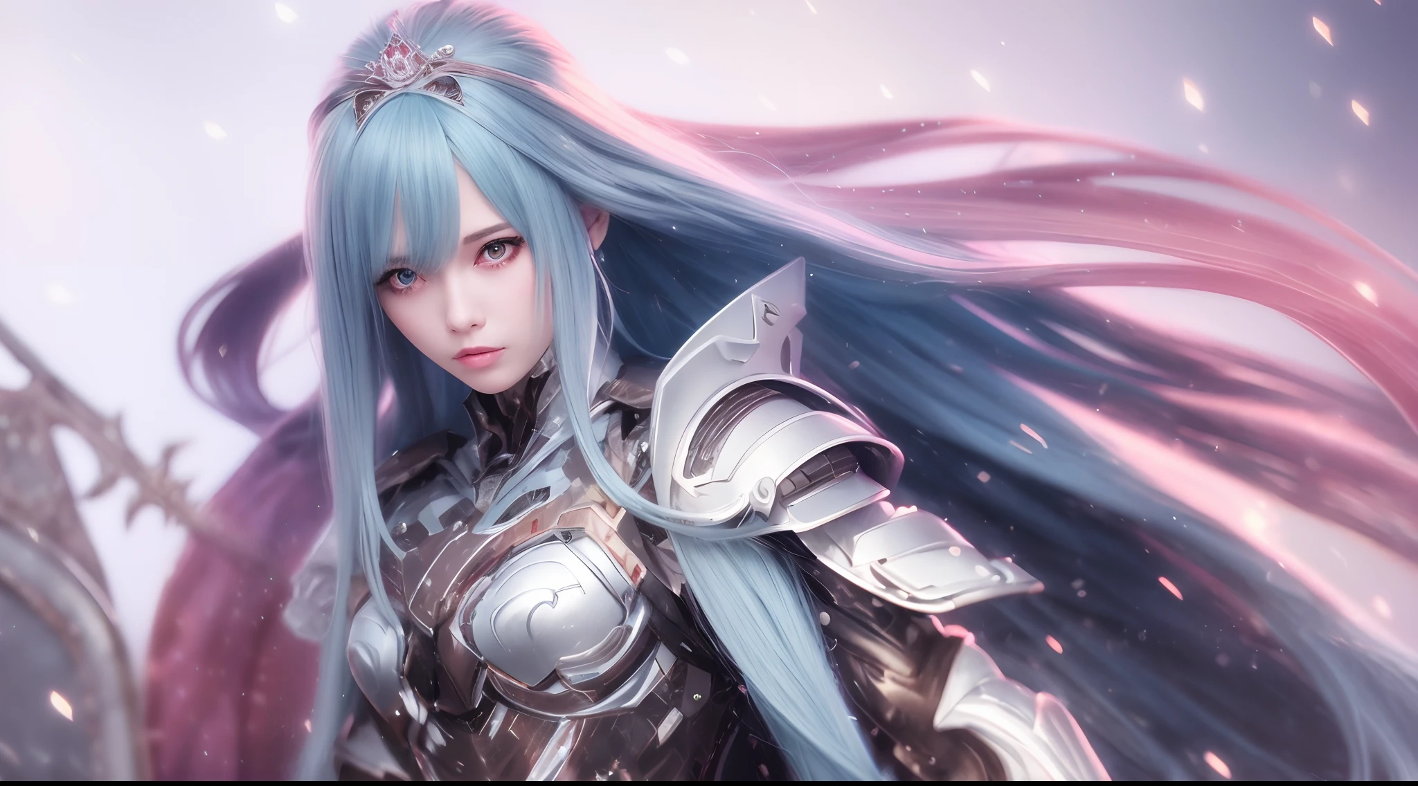 Gray hair, blue color eyes, Red eyeshadow, ssmile, slightly red face, Feminine expression, The delicate face shape is perfectly described, Eye-shaped necklace, Mecha armor，Clear lines, White gloveetal streamers, Metallic glossy wing，Wielding a shining thunder sword，Best photo quality, 16K High Resolution, Colored inner hair, Inner dyeing asymmetrical hairstyleAsymmetrical hairstyle, Side drill single-sided drill bit roll, hyper HD