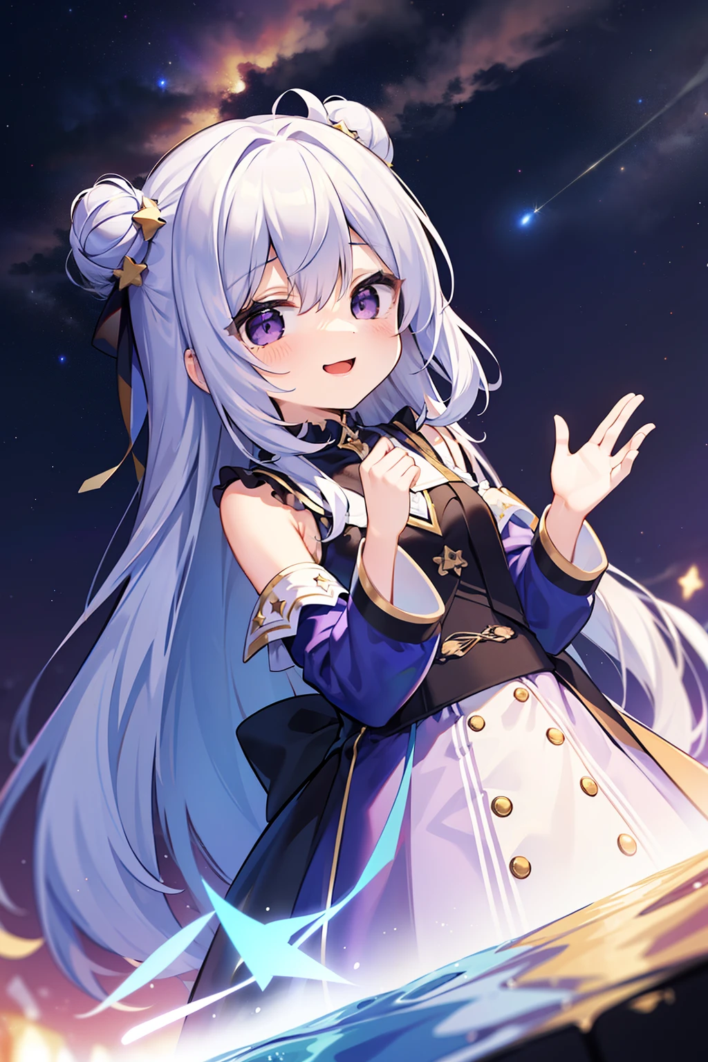 masterpiece, best quality, 1girl, solo, long hair, looking at viewer, (sky blue hair), ((curly hair)), double bun hair, bun on both sides, ((purple eyes)), smile, laughing, blue Magic girl dress, long sleeves, in the universe, (with many stars), with a shooting star, milky way background, a yellow cross bag, elementary school student, 8k, super detail, masterpiece, high quality, high resolution, high detail, high face detail, HD quality, ((upper body)), (((cute))), (happiness)